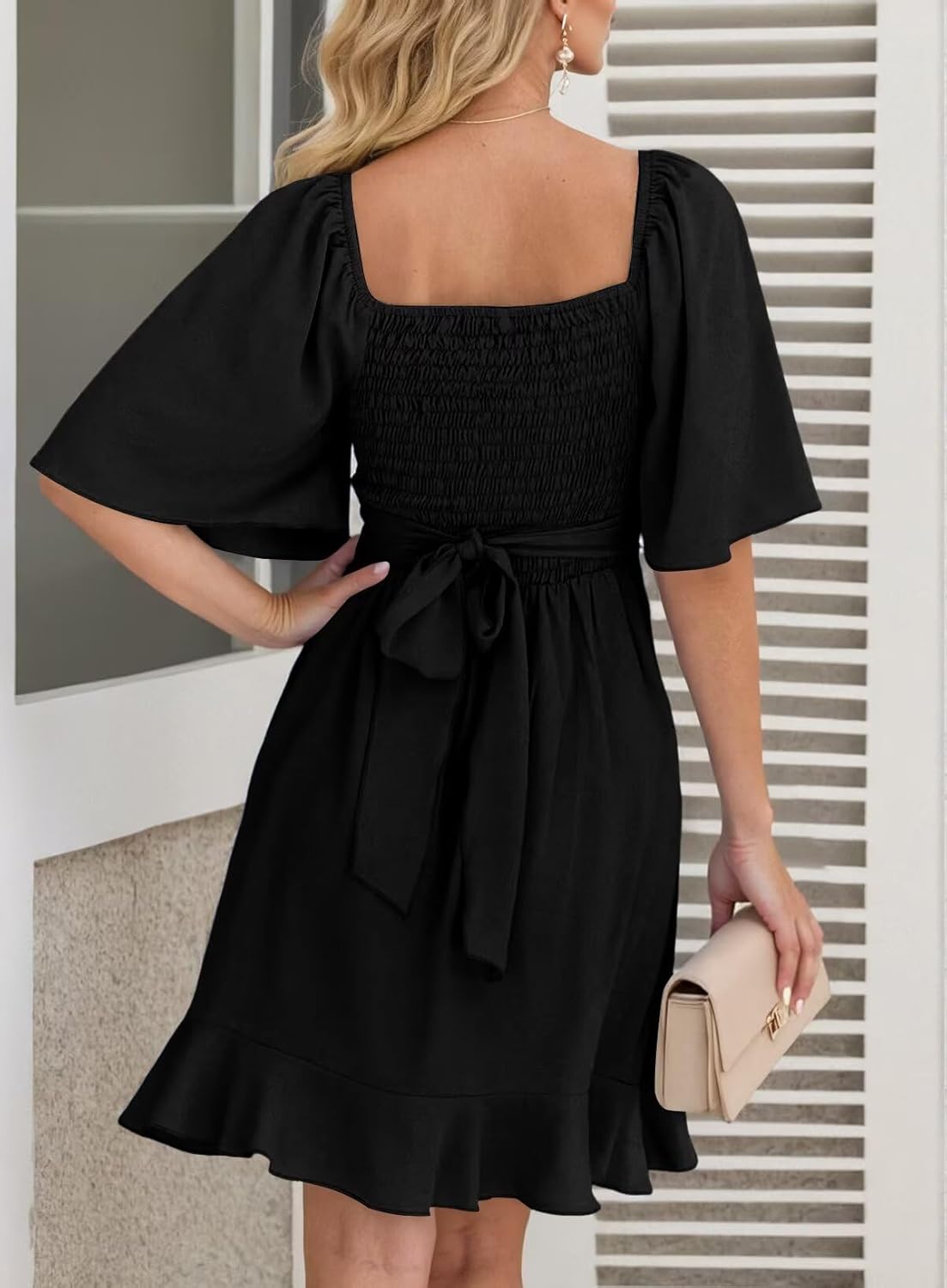 Thumbnail 1 de Dokotoo Women's Wrap V Neck Short Flared Sleeve Dress – Smocked Waist, Tiered Mini with Belt