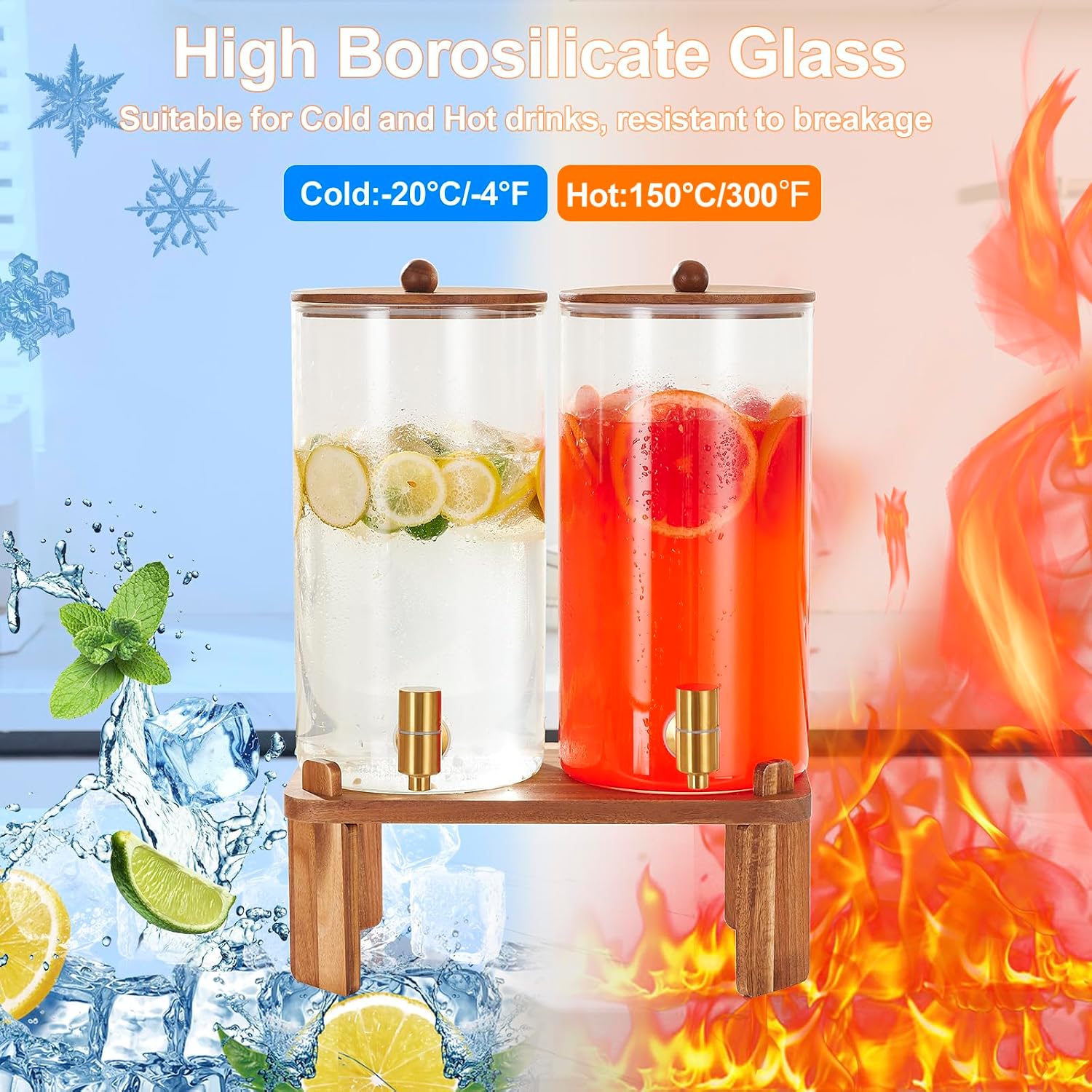 Thumbnail 4 de 2-Pack Glass Beverage Dispenser with Wood Stand — 1.5 Gallon Each