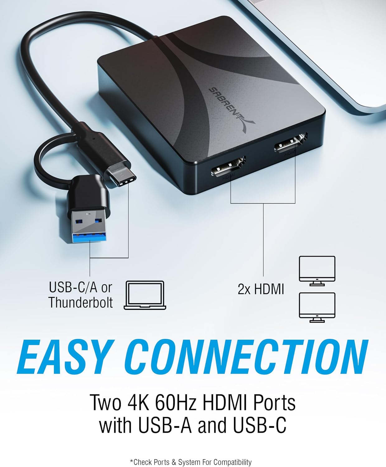 Thumbnail 2 de SABRENT Dual HDMI Adapter with DisplayLink for Mac (DA-CA2H) – USB-C/A to Dual Monitor 4K@60Hz