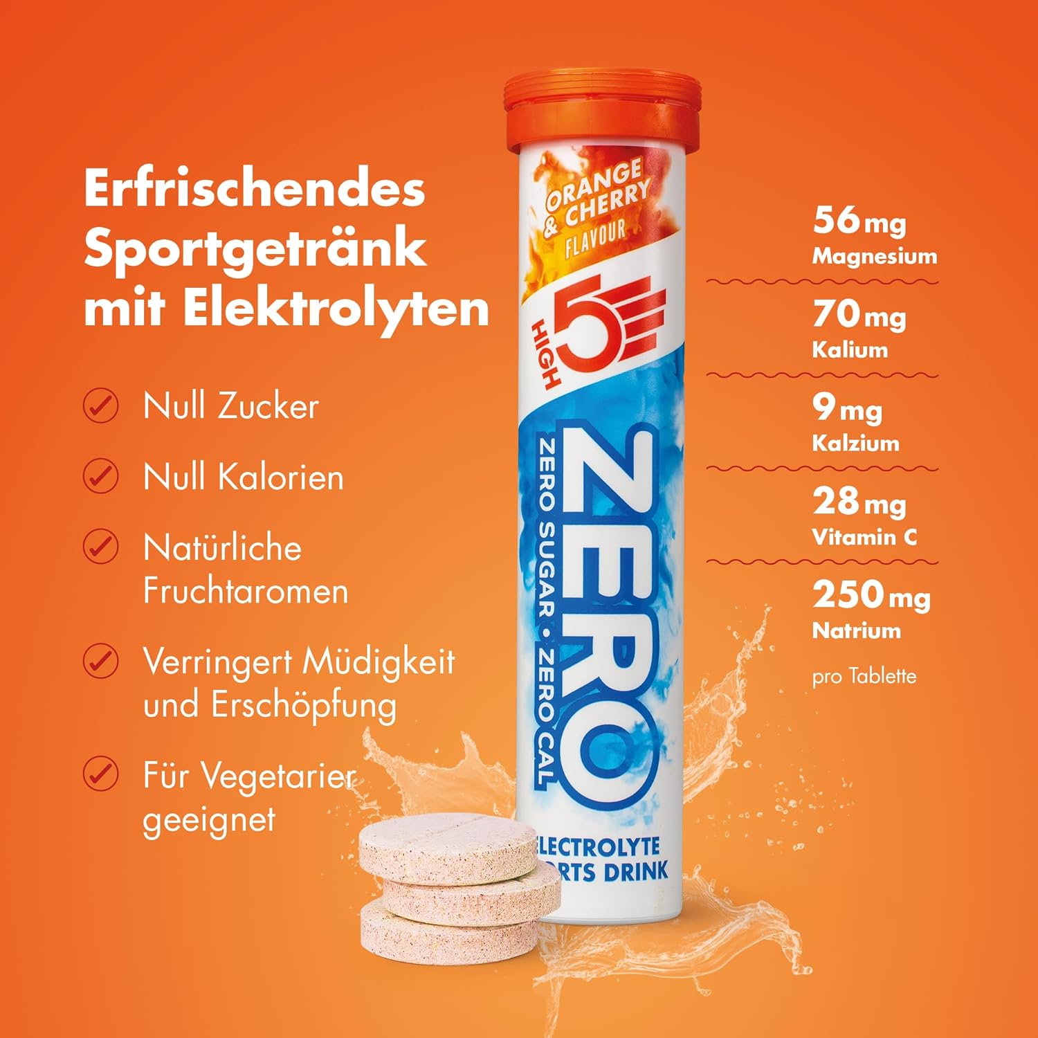 Detalle de HIGH5 ZERO Elektrolyte Ohne Zucker – 40 Brausetabletten für Hydration, Orange & Kirsche