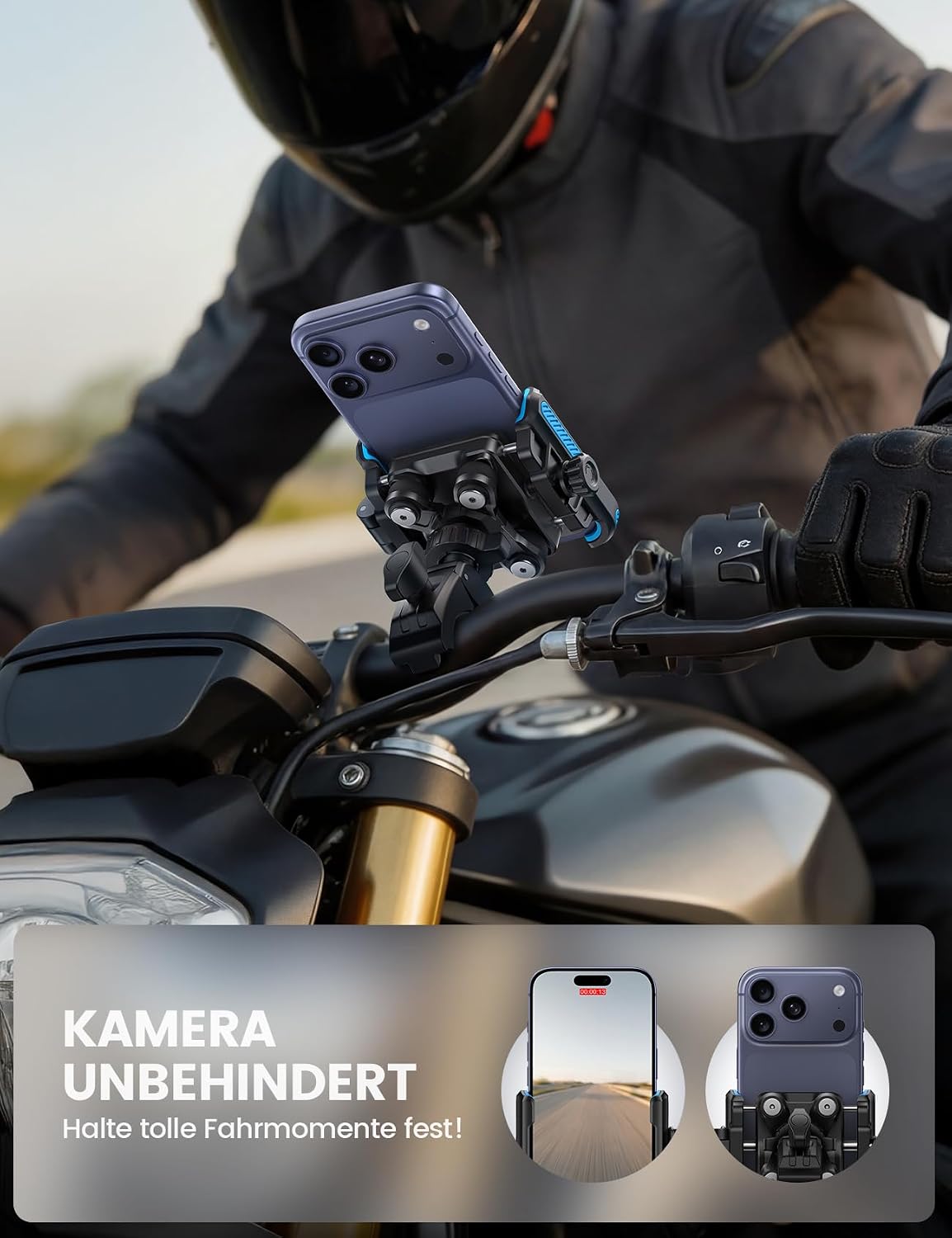 Detalle de Lamicall Motorrad-Handyhalterung mit Dämpfung – 360° Verstellung, kompatibel mit iPhone 17/16 und 4,7–7,2 Zoll Smartphones