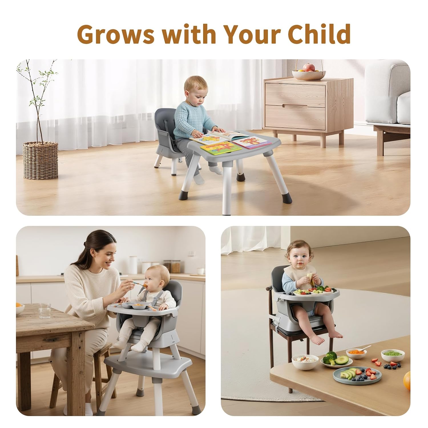 Detalle 2 de MiniKins 7-in-1 Convertible High Chair with Removable Tray, Gray