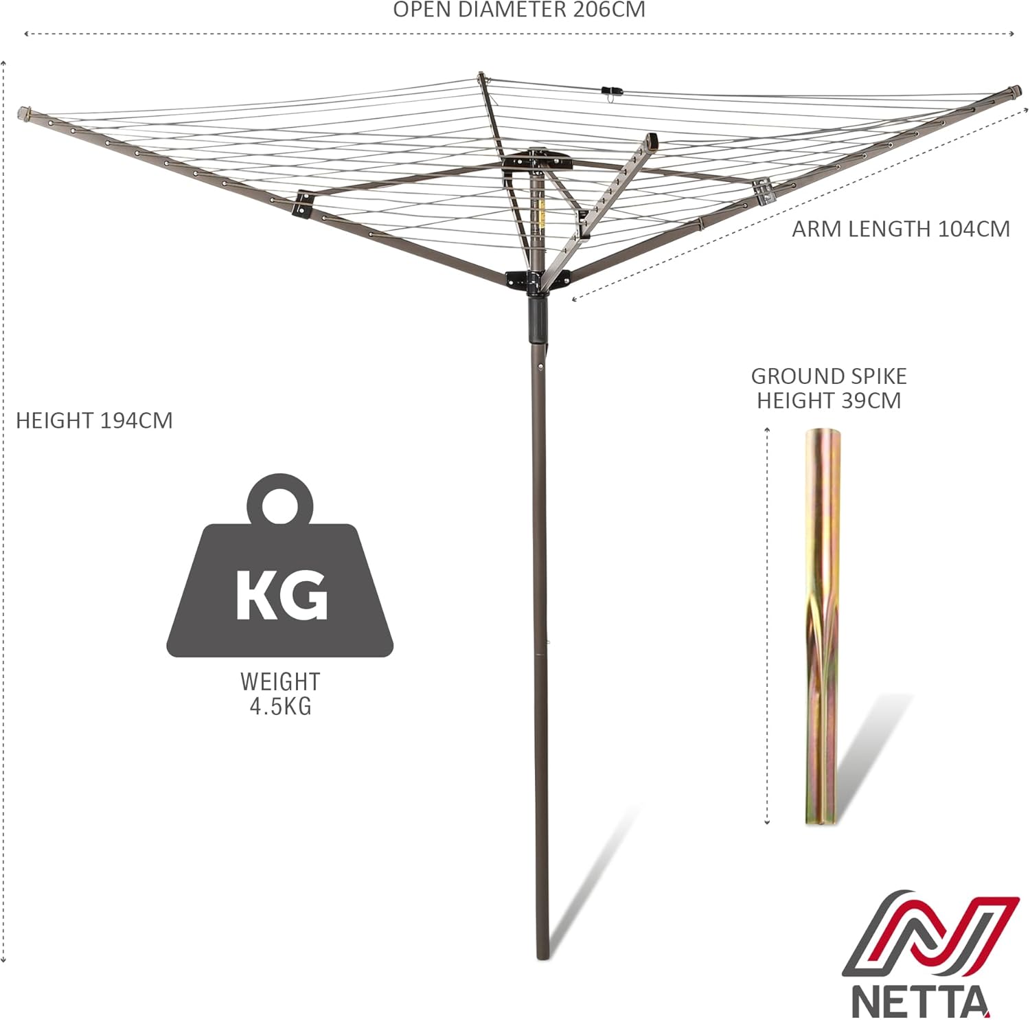 Thumbnail 6 de NETTA Rotary Washing Line 4 Arm 45M (45m) – Heavy Duty Garden Rotary Airer with Cover & Ground Spike, Grey