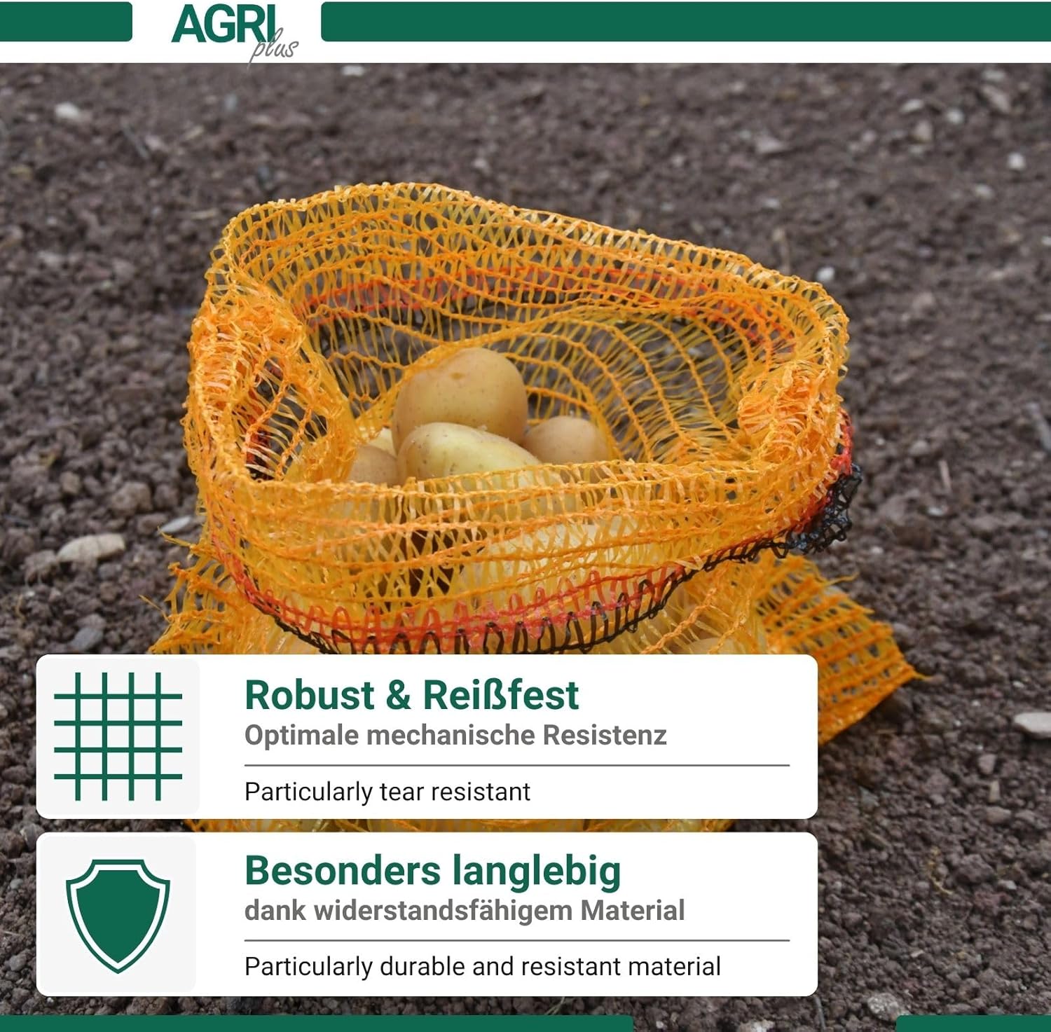 Detalle 2 de AGRI plus Kartoffelsäcke 100 Stück goldgelb 50 x 80 cm mit Zugband – robustes Netzgewebe, 25 kg Fassungsvermögen