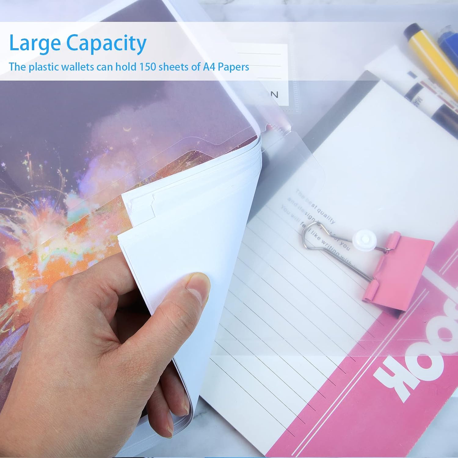 Thumbnail 2 de A4 Clear Plastic Wallets with Popper Buttons – 30 Pack Document Folders with Label Pockets