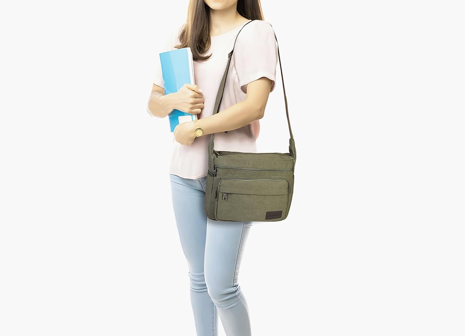 Detalle de JAKAGO Canvas Messenger Bag 15 inch – Waterproof shoulder bag with multiple pockets for school, travel & daily carry