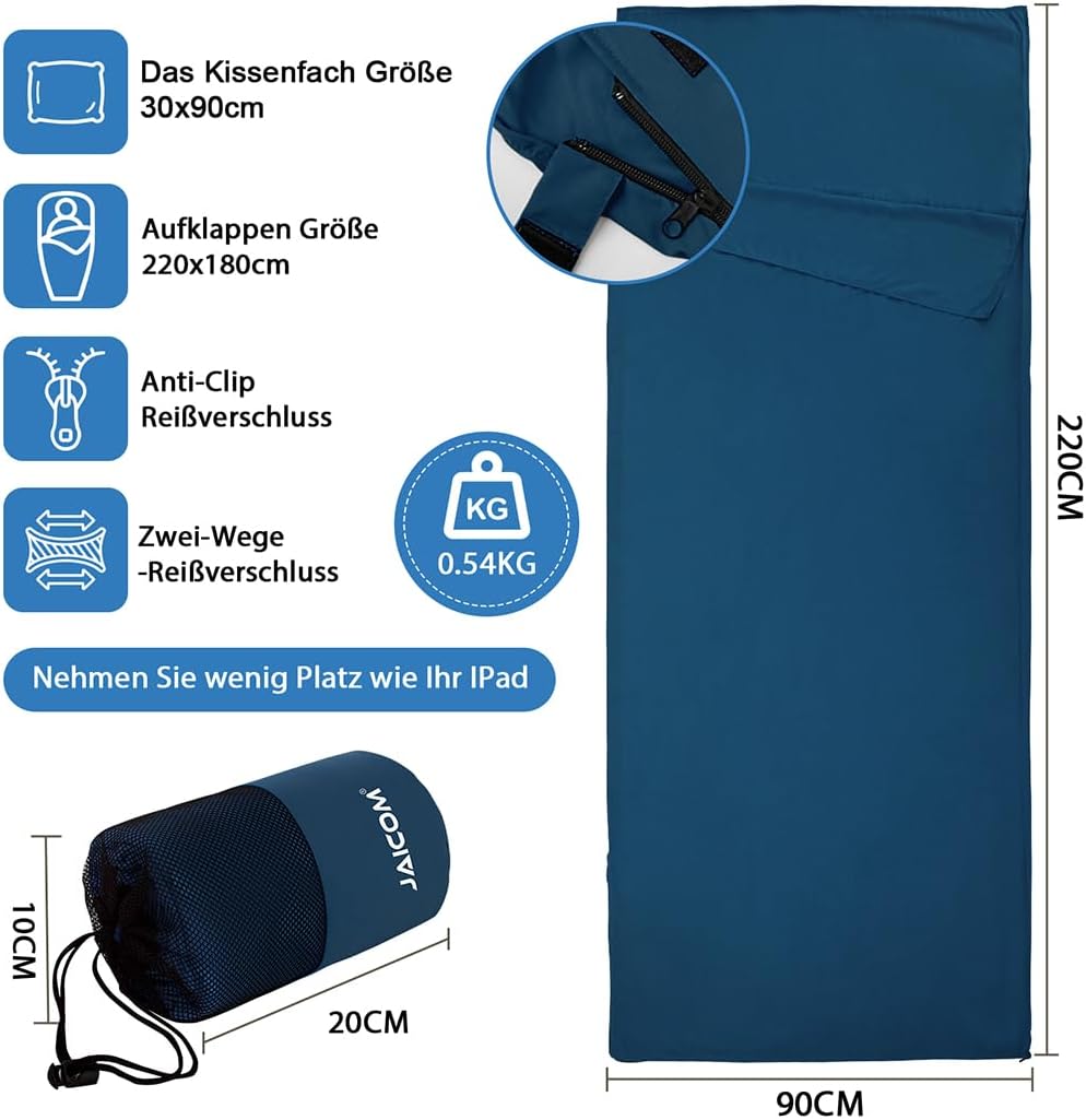 Detalle de JAICOM Hüttenschlafsack – Ultraleichter Seide‑Schlafsack, 220 × 90 cm, 540 g, 2in1 mit Kissenhalter, kompaktes Packmaß
