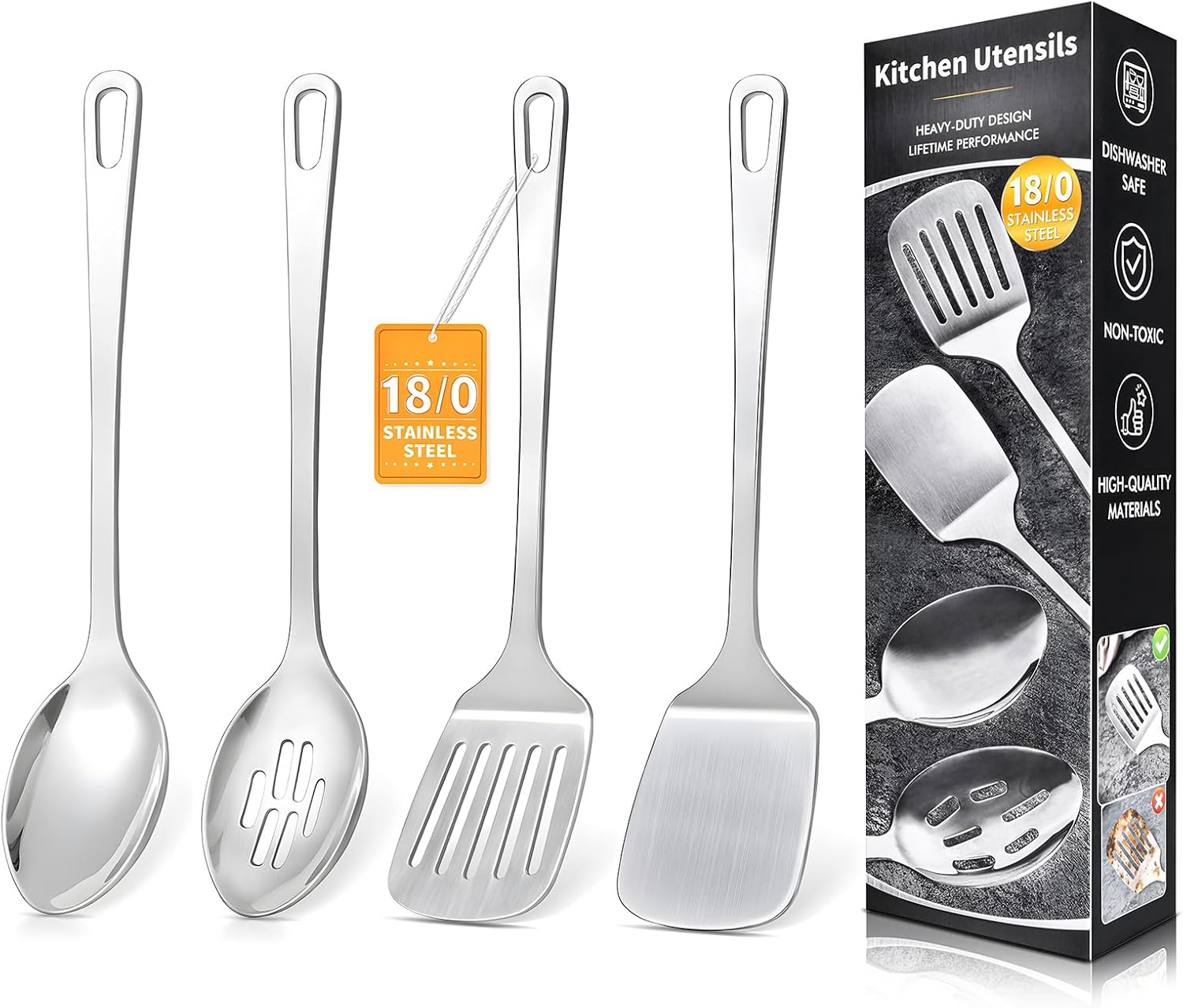 Imagen de 4-Piece Stainless Steel Cooking Utensils Set (Solid & Slotted Turner, Wok Spatula, Serving Spoon) en OfertitasTOP