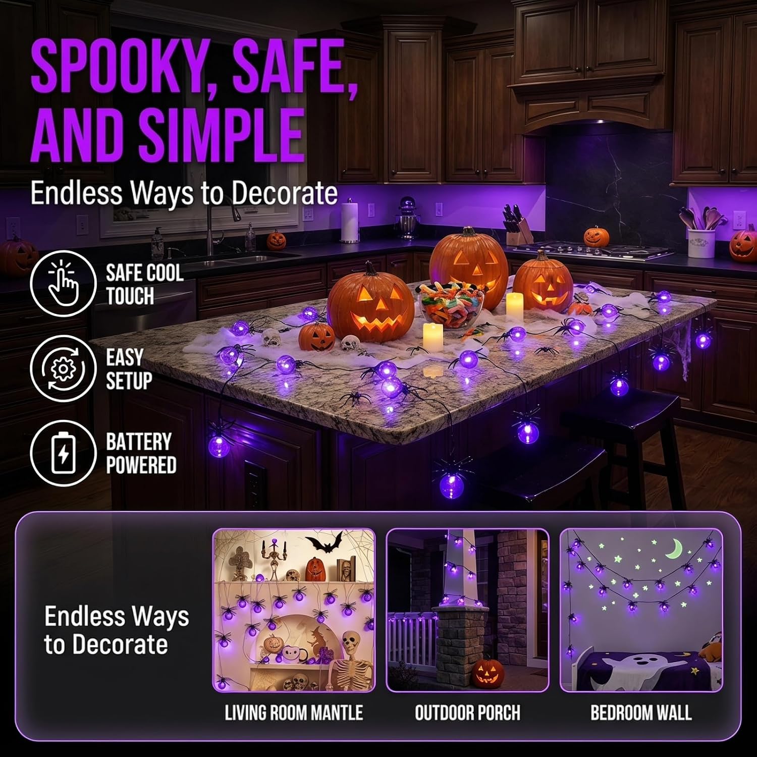 Thumbnail 6 de Lerphado SSL-001 Purple Spider Halloween String Lights, 10 ft, 20 LEDs