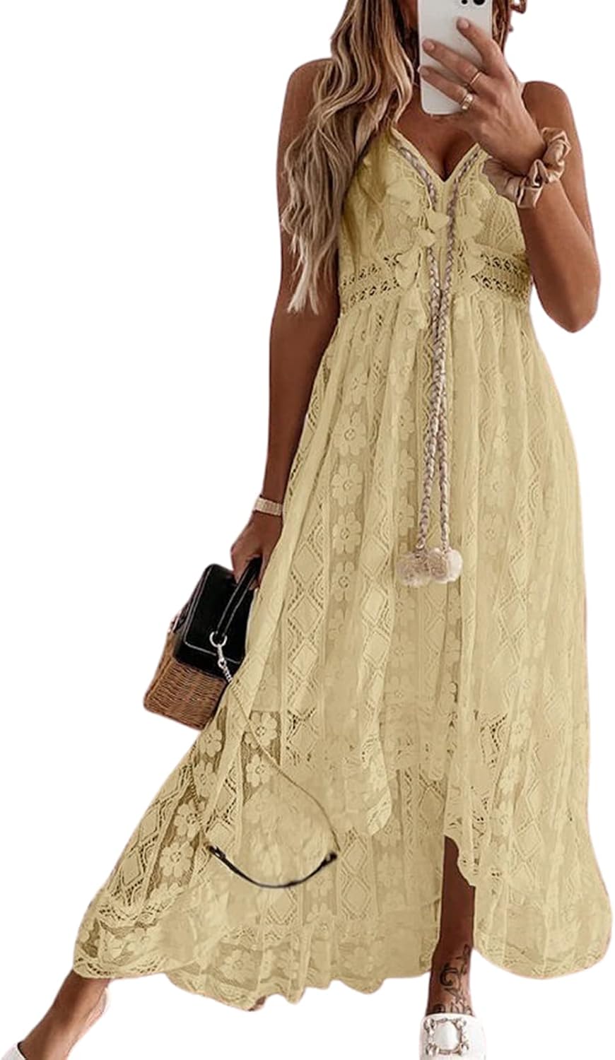 Detalle de CUPSHE Damen Sommerkleid V-Ausschnitt Floral Spitze mit Quasten – High-Low Maxi
