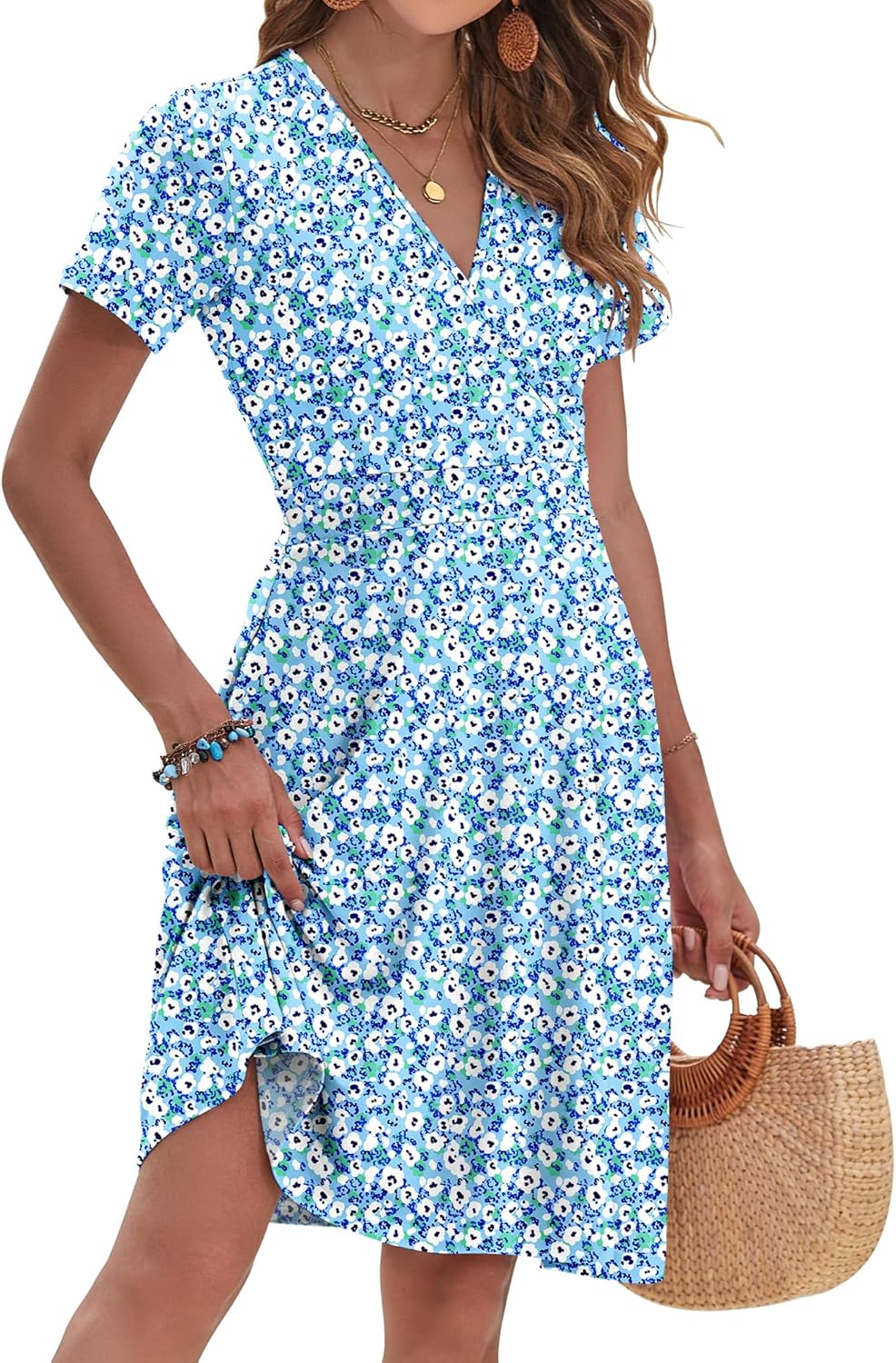Detalle 2 de AUSELILY Womens Summer Dresses 2026 Short Sleeve V Neck Floral Sundress with Pockets