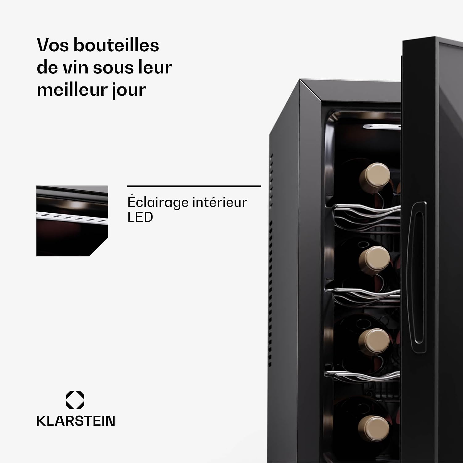 Detalle de Klarstein 10045375 wijnkoelkast met één zone, glazen deur en ruimte voor 12 flessen