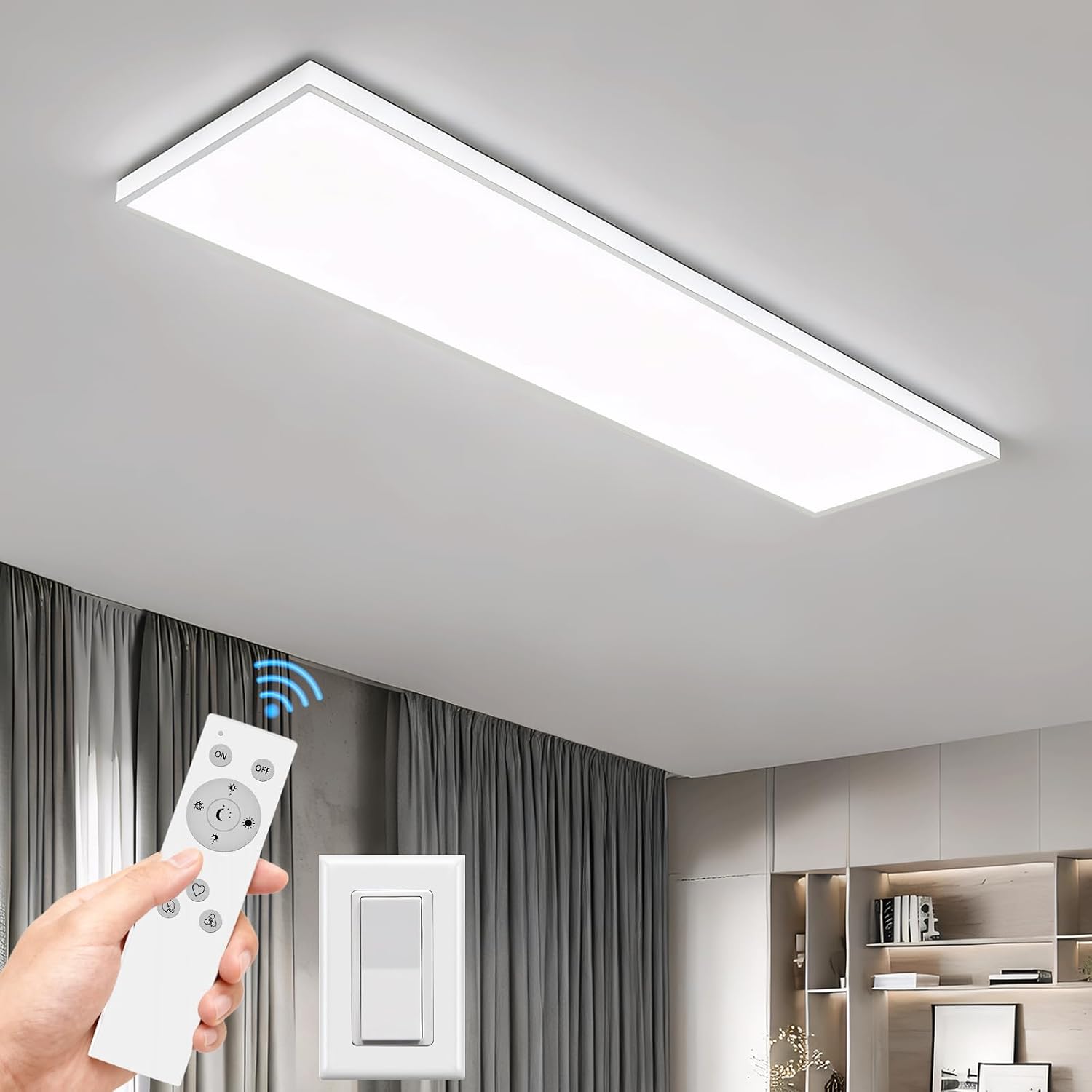 Detalle de Bowfar LED Deckenleuchte lang: dimmbar, Fernbedienung, ultradünn