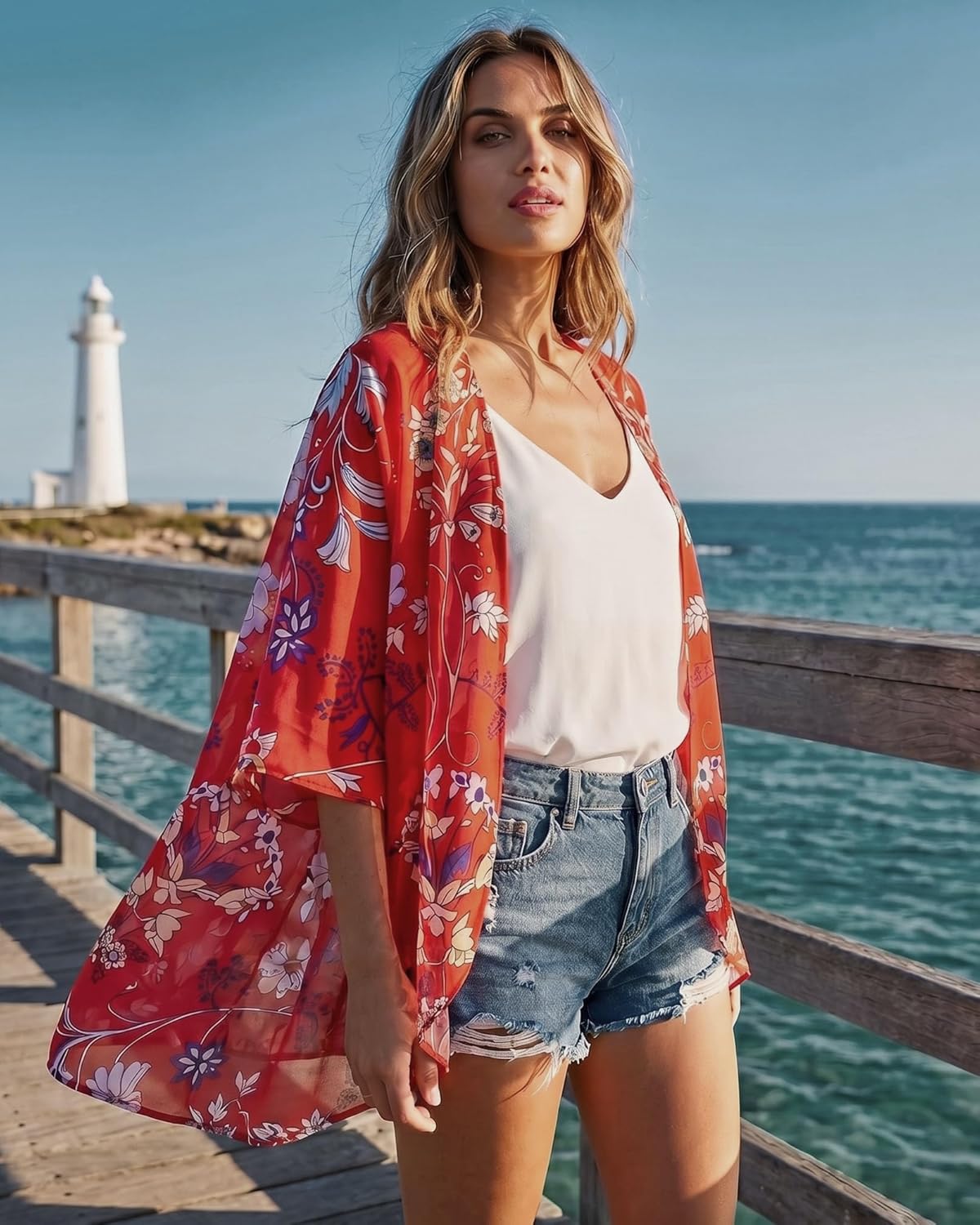 Detalle de Floral Puff Sleeve Kimono Cardigan 5XL đș