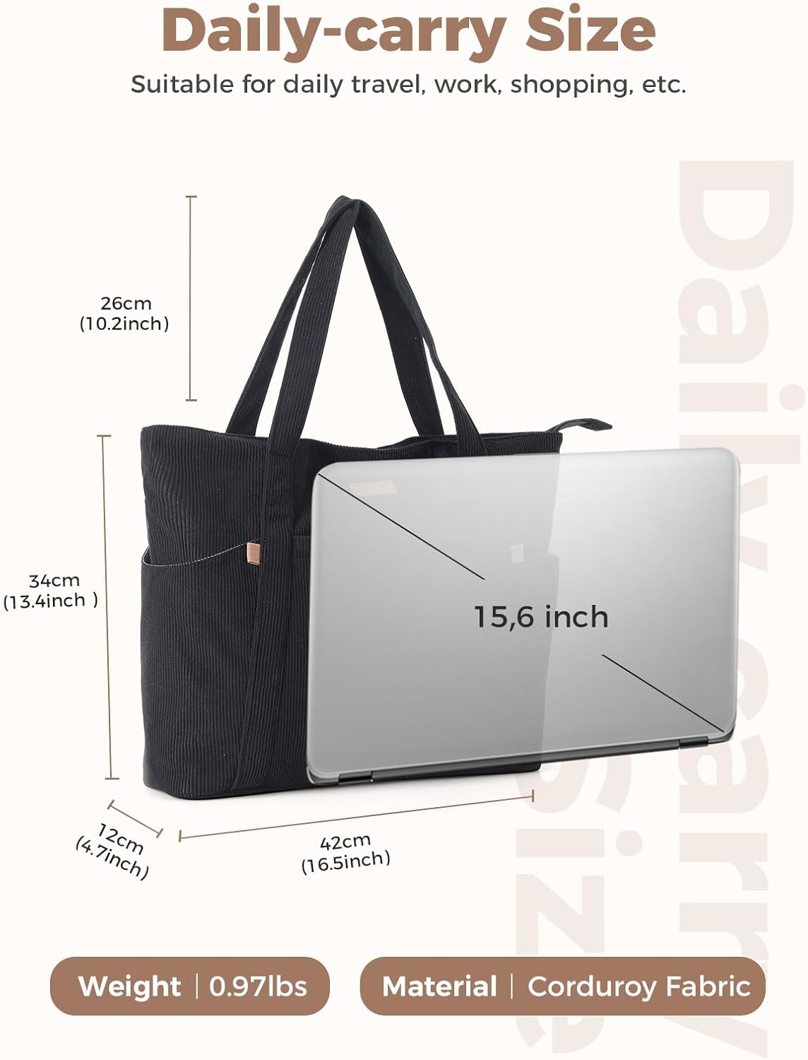Detalle de Lekespring Cord Tasche Damen – Große Tote Bag mit Reißverschluss, 18 L
