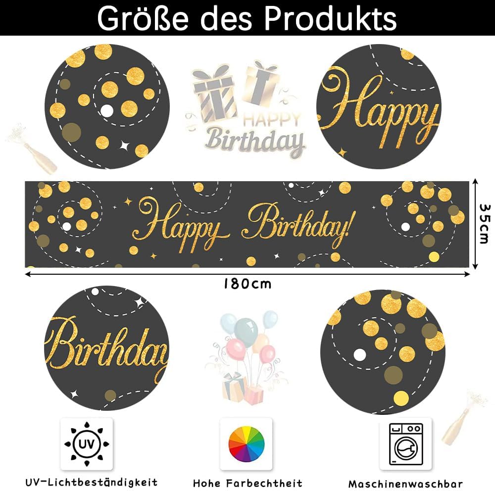 Thumbnail 1 de Senken Tischläufer „Happy Birthday“ Schwarz Gold (35x180 cm) aus 300D Oxford-Stoff