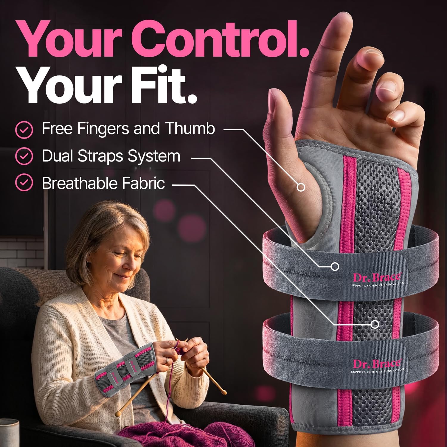 Thumbnail 4 de DR. BRACE Day & Night Wrist Brace, Right Hand, S/M, Grey-Pink