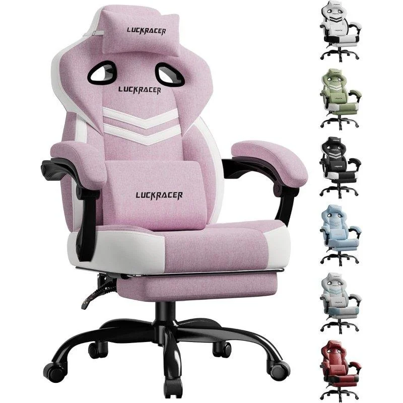 Detalle de GTPLAYER sillón gaming rosa de tela, reclinable hasta 155° y con reposapiés