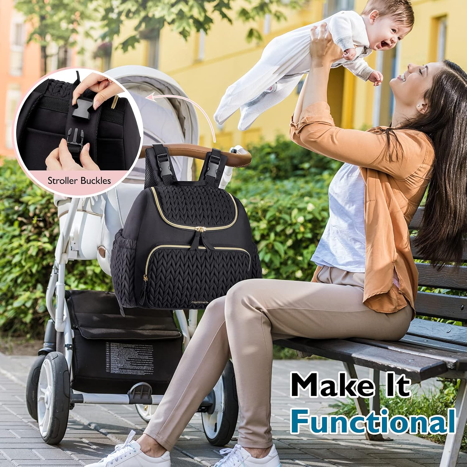 Detalle de mommore Wickeltasche & kleiner Wickelrucksack – kompakte Reisetasche mit isolierten Fächern, Wickelunterlage und Kinderwagenbefestigungen