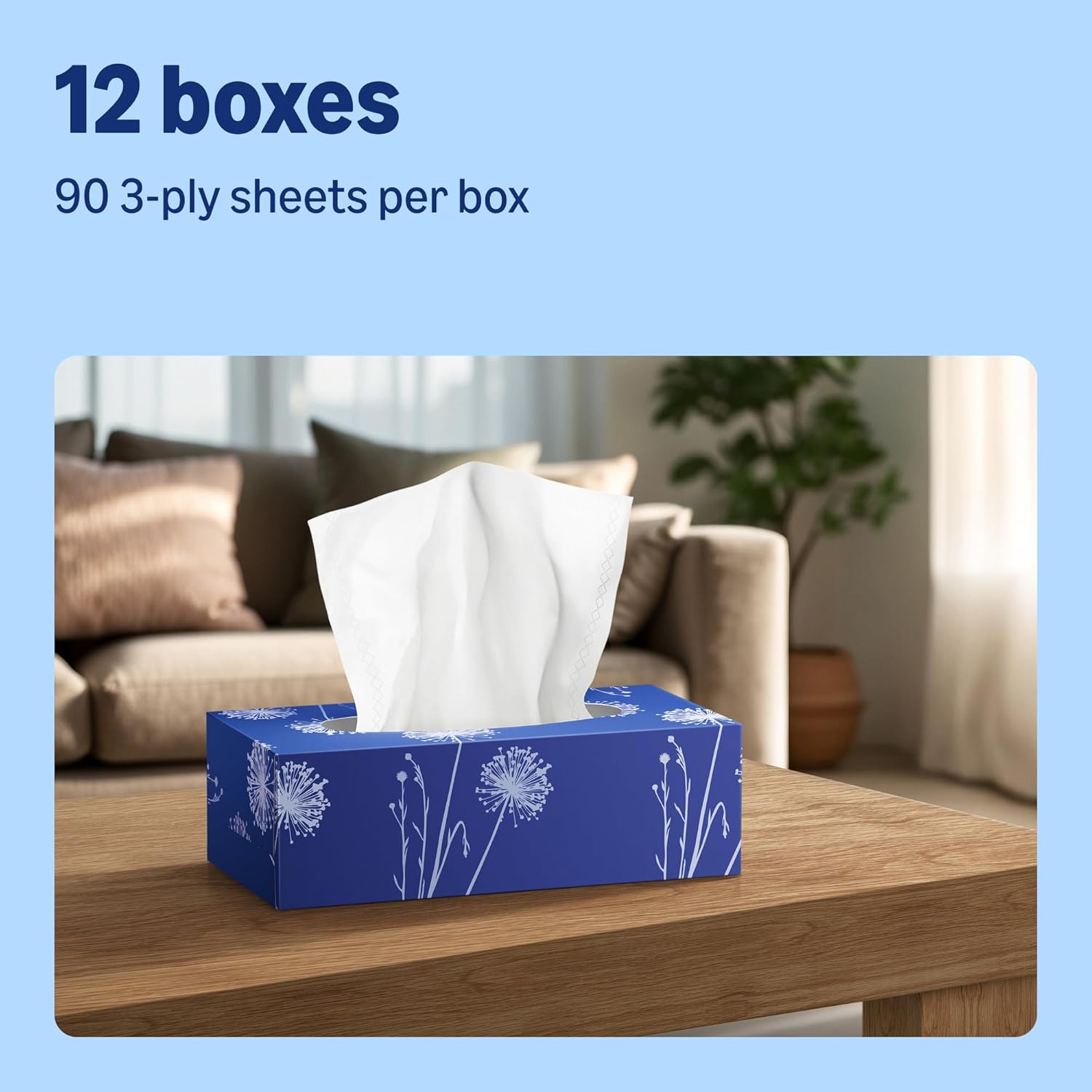 Thumbnail 2 de by Amazon 3-Ply Facial Tissues, 1080 Sheets (12 Packs of 90 Sheets) — Practical Multipack for Everyday Use