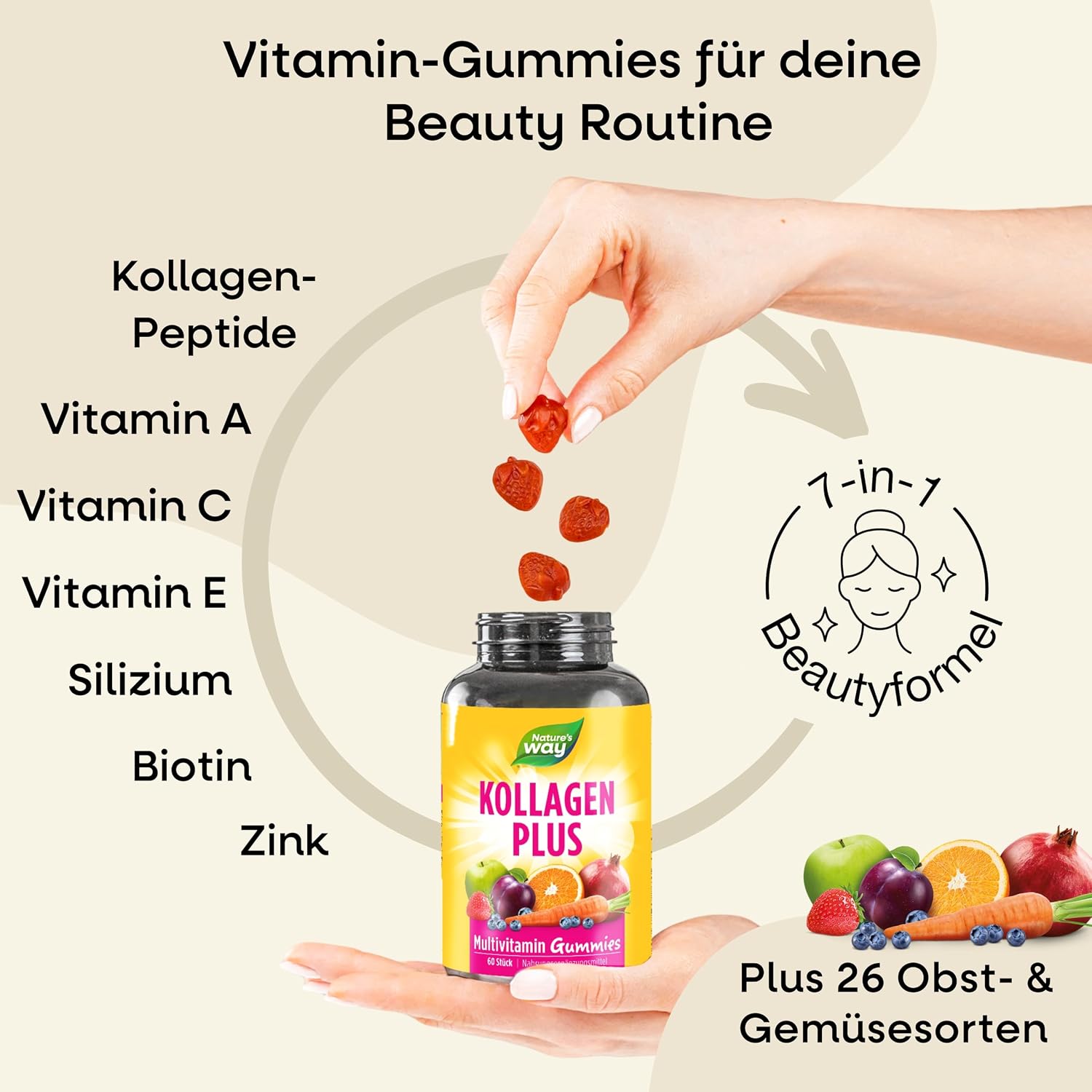 Detalle de Kollagen Gummibärchen mit Biotin, Zink und 2.500 µg Biotin (Erdbeer) – 60 vegane Vitamin Gummies