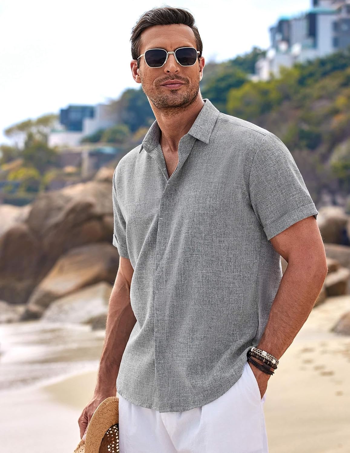 Thumbnail 1 de COOFANDY Chemise en Lin pour Hommes – Manches Courtes, Coupe Regular, Style Plage