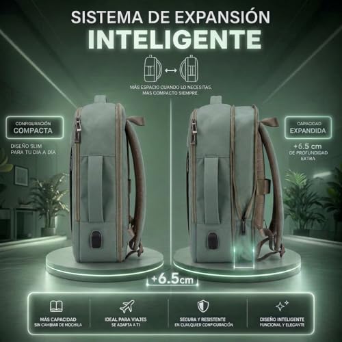 Thumbnail 4 de EDIESI Mochila de cabina 40x30x20 expandible con USB – verde oliva, para portátil 15,6