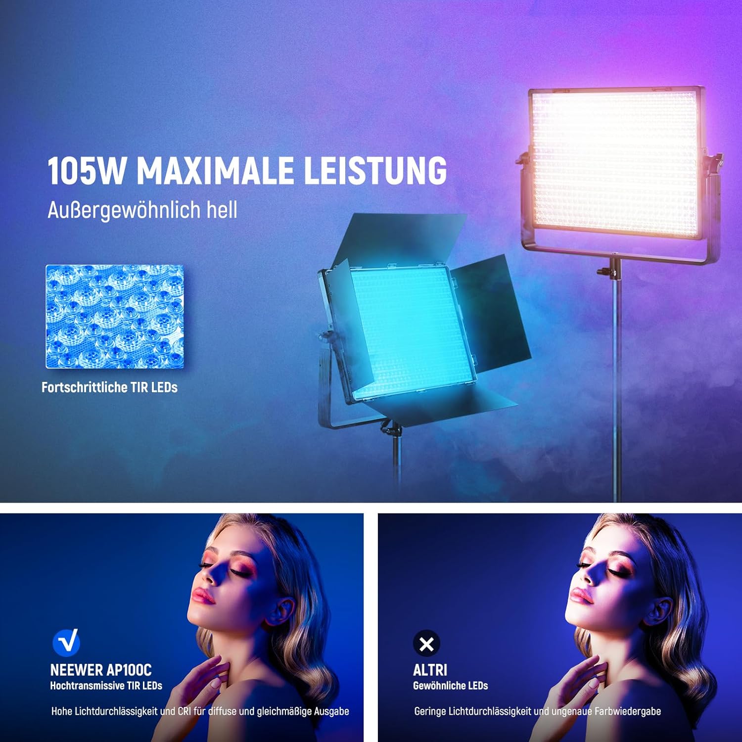Thumbnail 1 de NEEWER AP100C 105W RGB LED Panel Videoleuchte Set (DMX, App 2,4G) mit Abschirmklappen