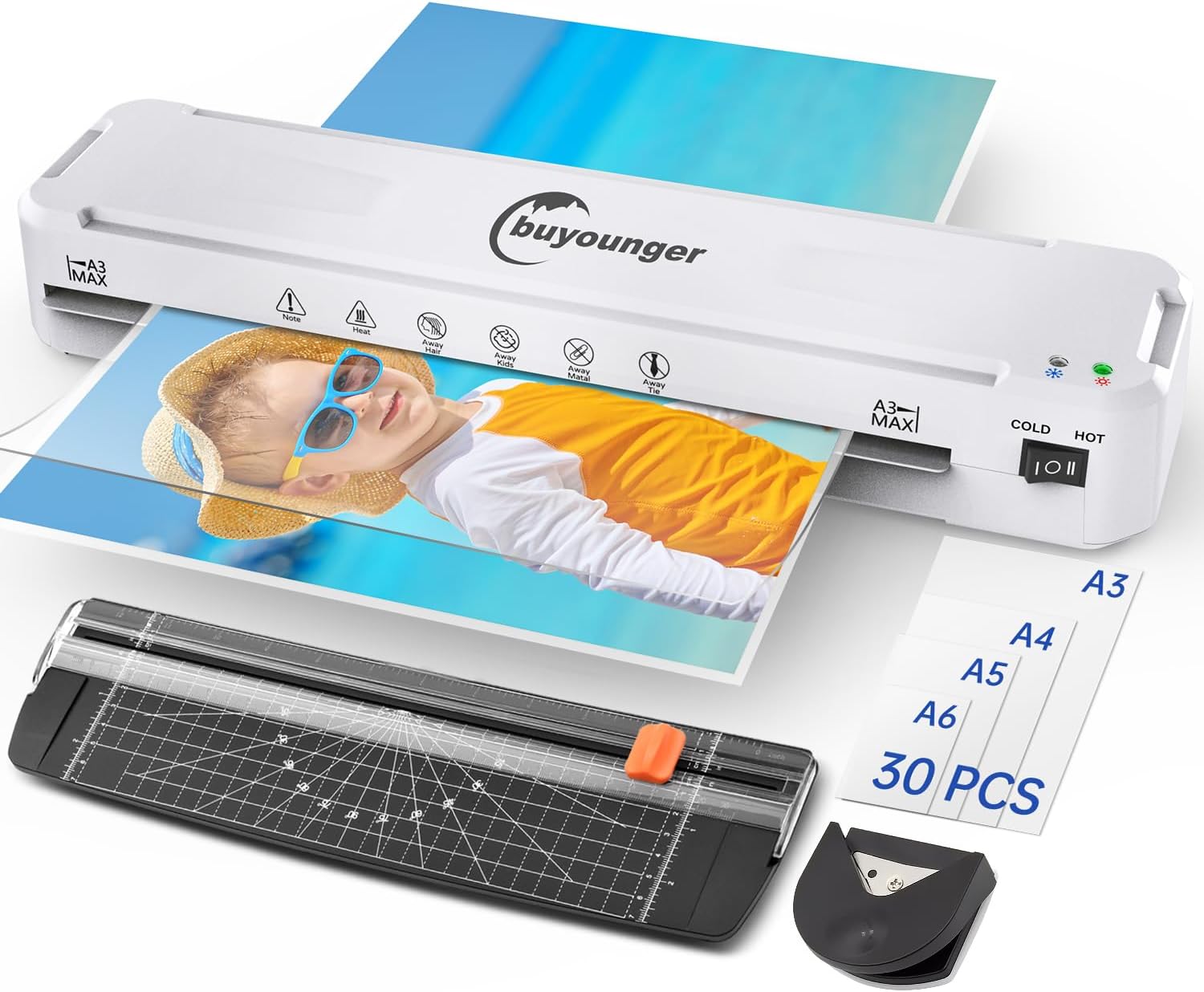 Buyounger plastificatrice a freddo e a caldo 6 in 1 per formati A3–A6 con 30 buste, taglierino e accessori per angoli