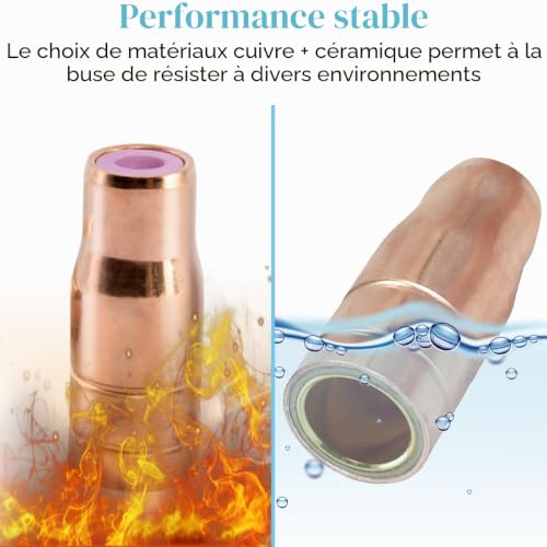 Detalle de Buse fil fourré EATBALE pour torches 14/15 MIG/MAG – Pack de 4 buses et kit accessoire avec bague céramique