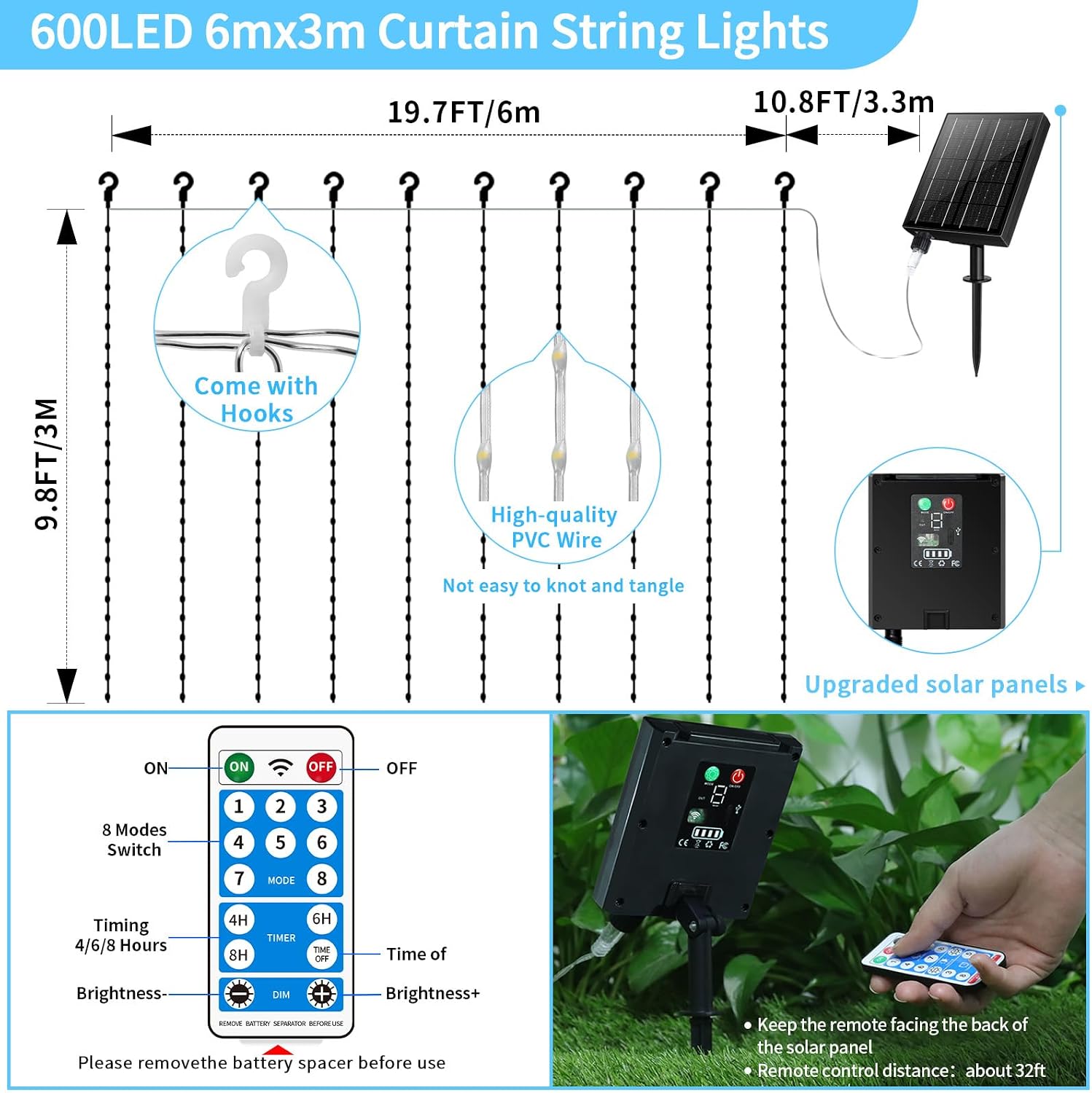 Detalle de GCMacau Ghirlanda di luci a energia solare 6x3 m, 600 LED IP65 con 8 modalità, memoria e timer