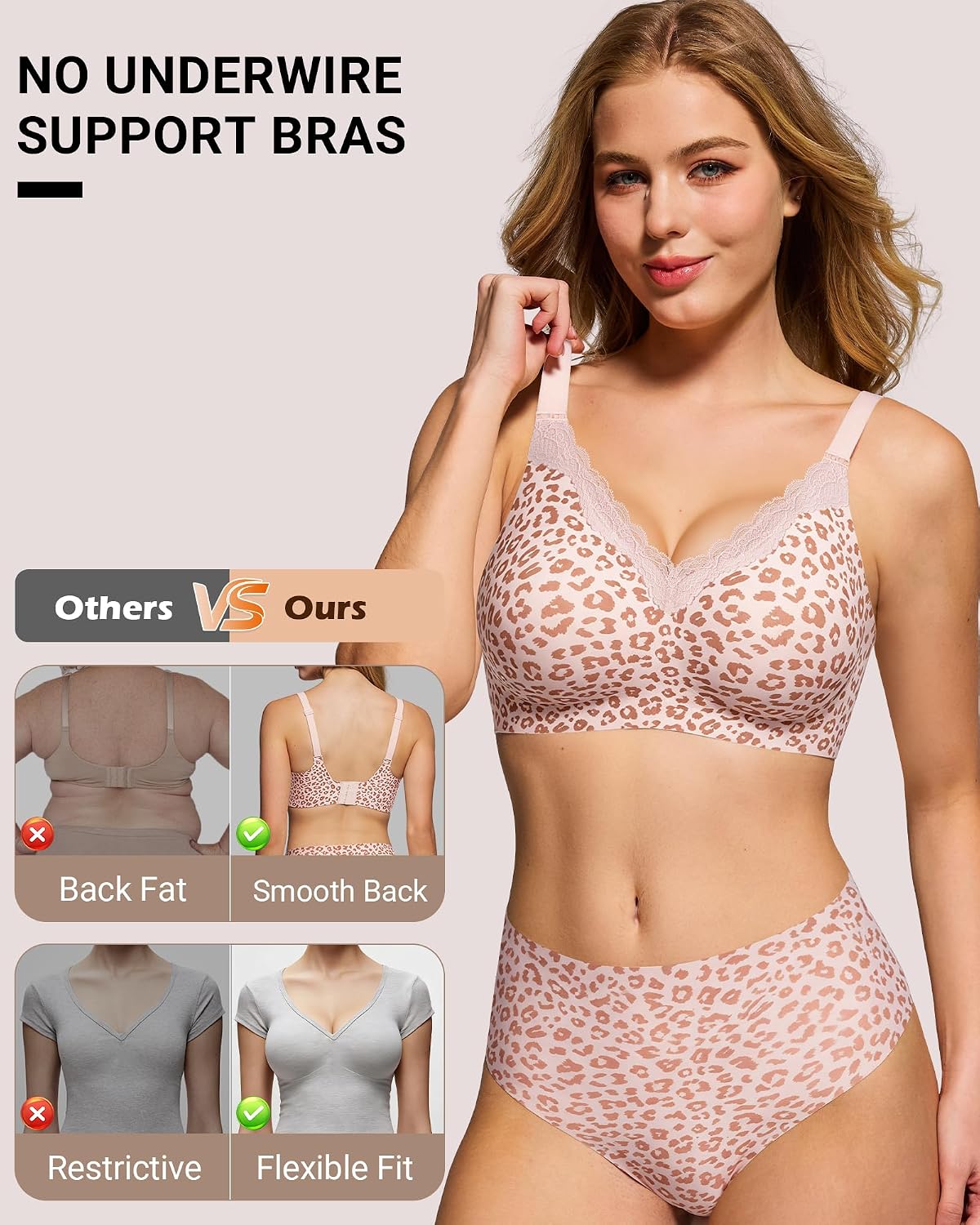 Detalle de HORISUN Wireless No Underwire Bra for Women with V-Neck Lace Trim: Jelly Supportive Seamless Bralette