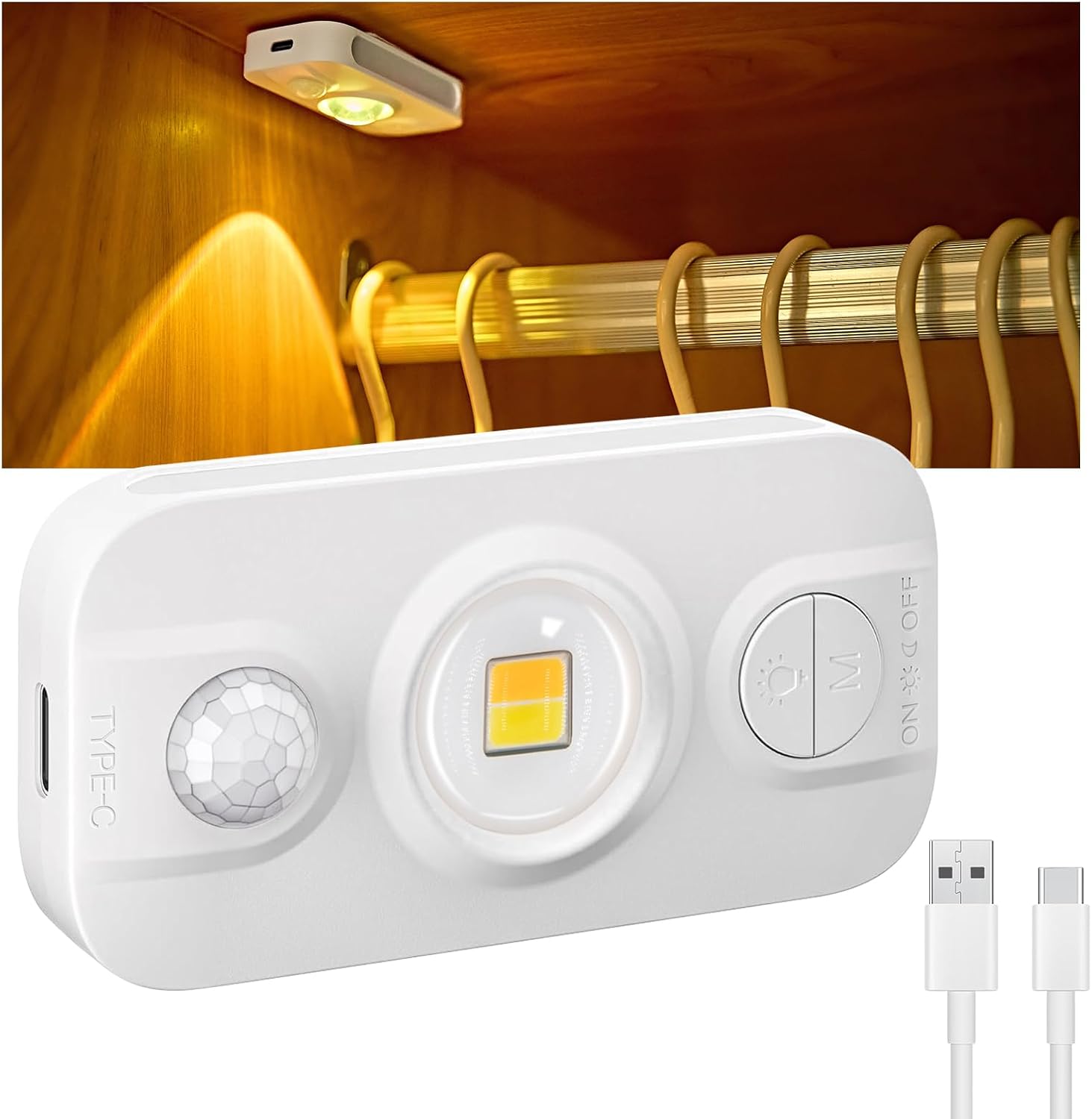 Detalle de Auting Mini Schrankbeleuchtung mit Bewegungsmelder – USB-Aufladbar, 3 Farben, Dimmbare Warmweiß-Nachtlicht-Funktion