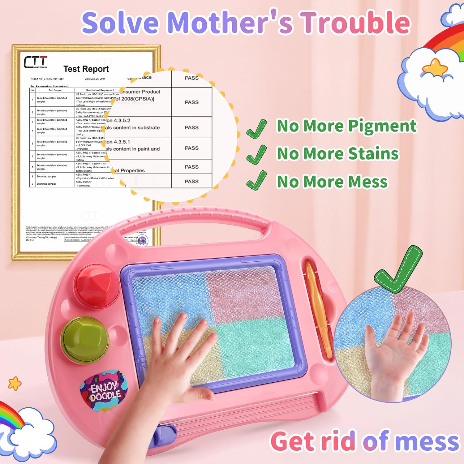 Detalle 2 de BABLOCVID Magnetic Drawing Board for Toddlers, 4-Color Screen, Pink