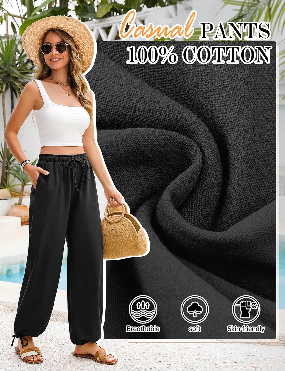Thumbnail 3 de Niwicee Pantaloni donna estivi in cotone 100% con coulisse e tasche, palazzo larghi leggeri