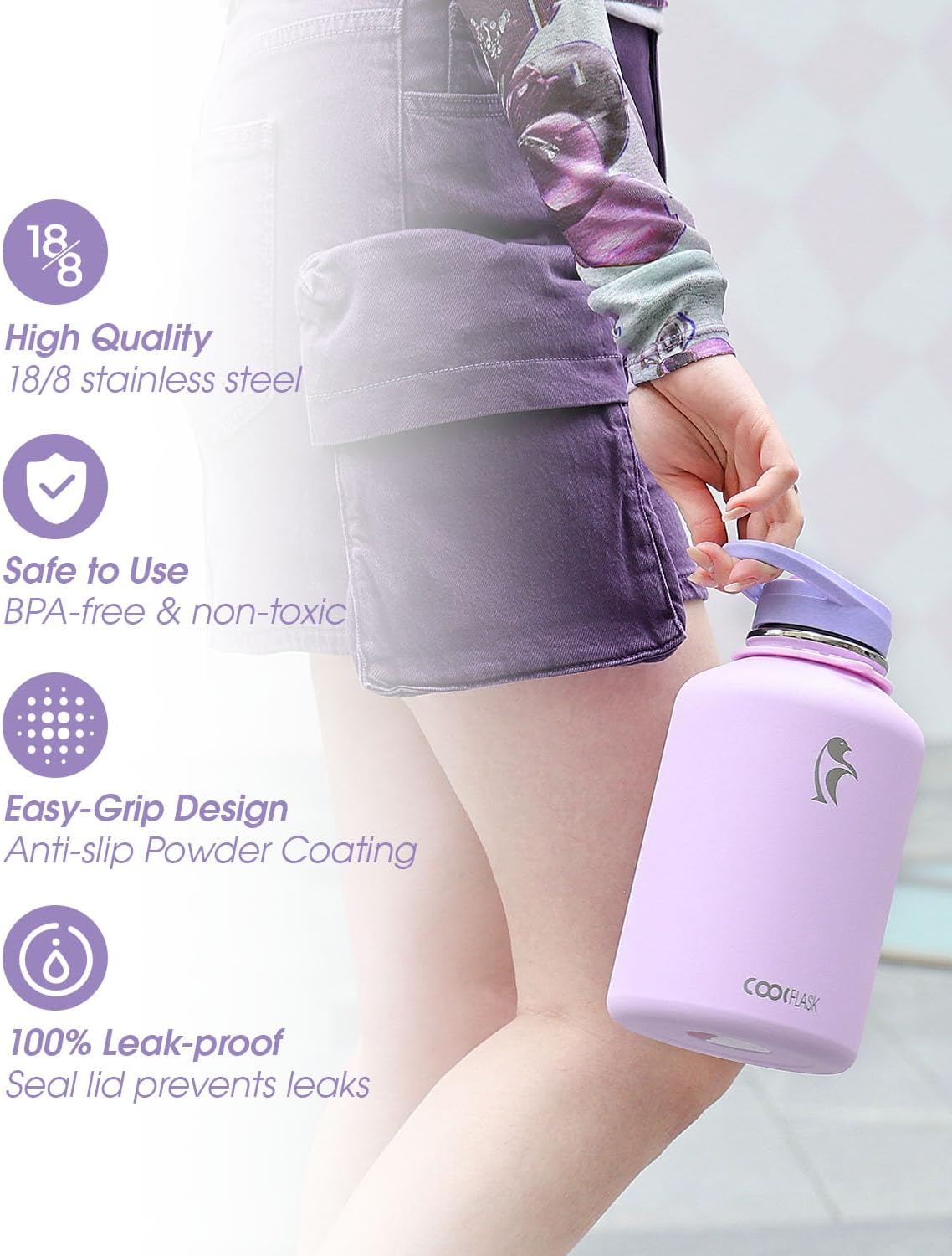 Detalle de Coolflask Half Gallon Water Bottle with Strap (64oz) – Lavender Stainless Steel, Dual Lids, Leak-Proof