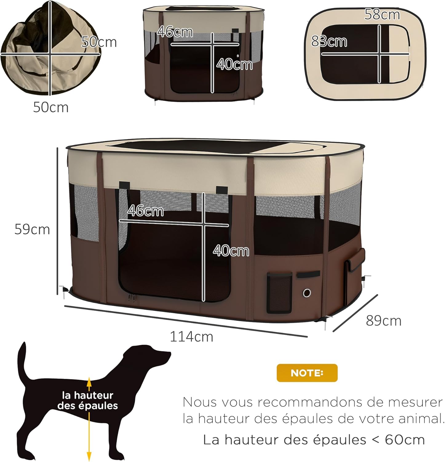 Detalle de PawHut Parc pour Chien en Tissu Oxford – Enclos pliable 114 x 89 x 59 cm, blanc crème et marron
