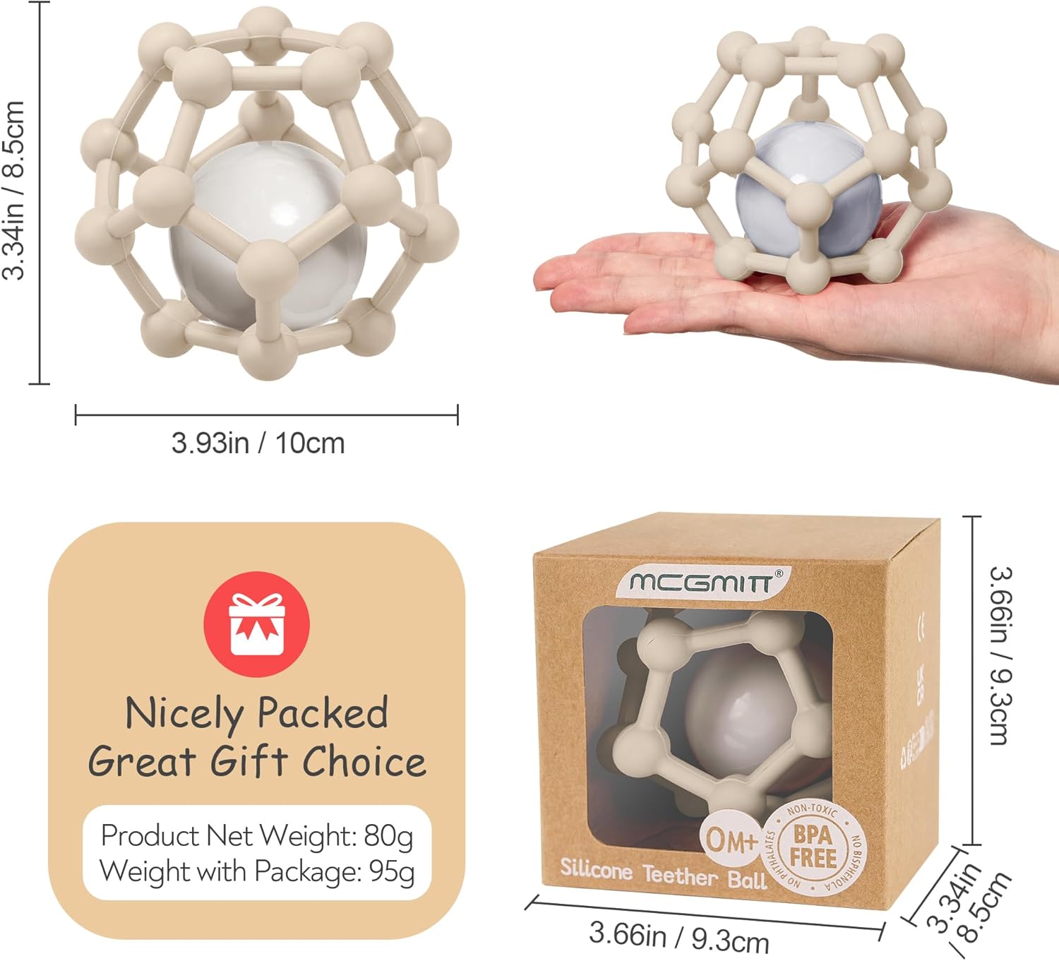 Thumbnail 2 de Balles sensorielles et jouet de dentition en silicone MCGMITT – hochet 2 en 1 (couleur beige)