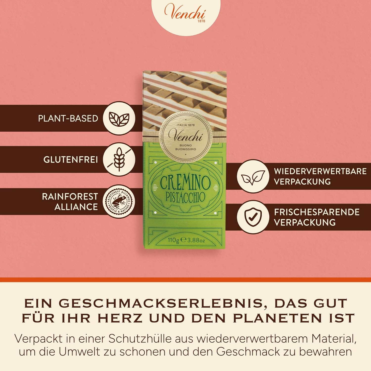 Thumbnail 5 de Venchi Tafel Cremino Pistazie (110 g) – dreischichtige Schokoladentafel mit Pistazienpaste, glutenfrei