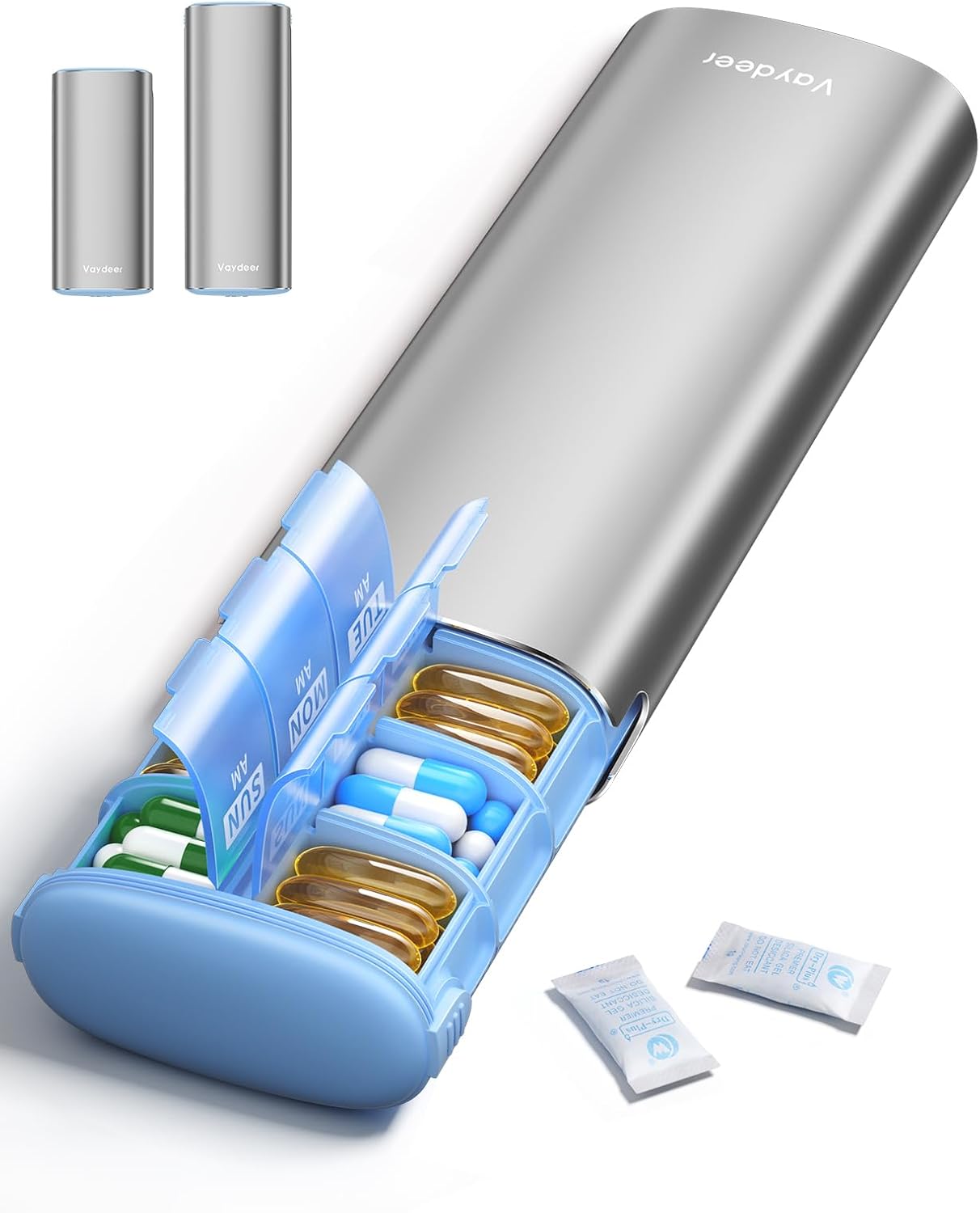 Detalle de Vaydeer Large Metal AM/PM Pill Organizer, 7-Day, with Desiccant Seal