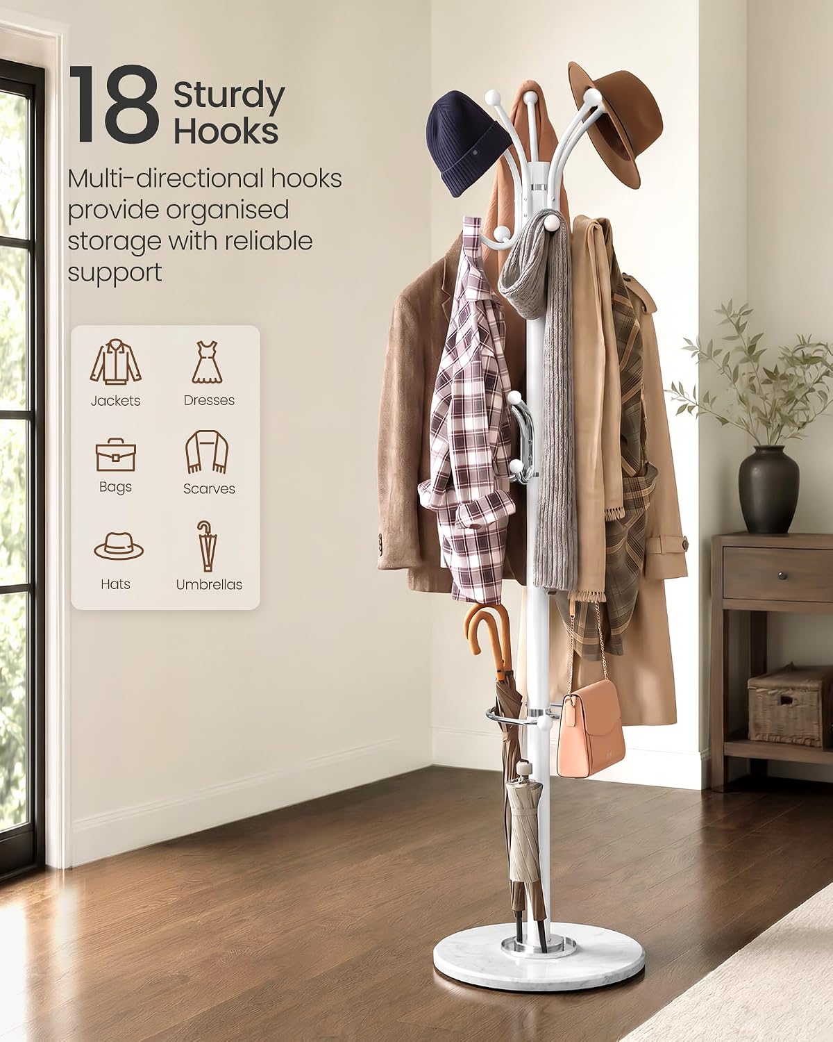 Detalle de SONGMICS ALAN RCR091WC01 Coat Rack with 18 Hooks, Umbrella Stand and Marble Base