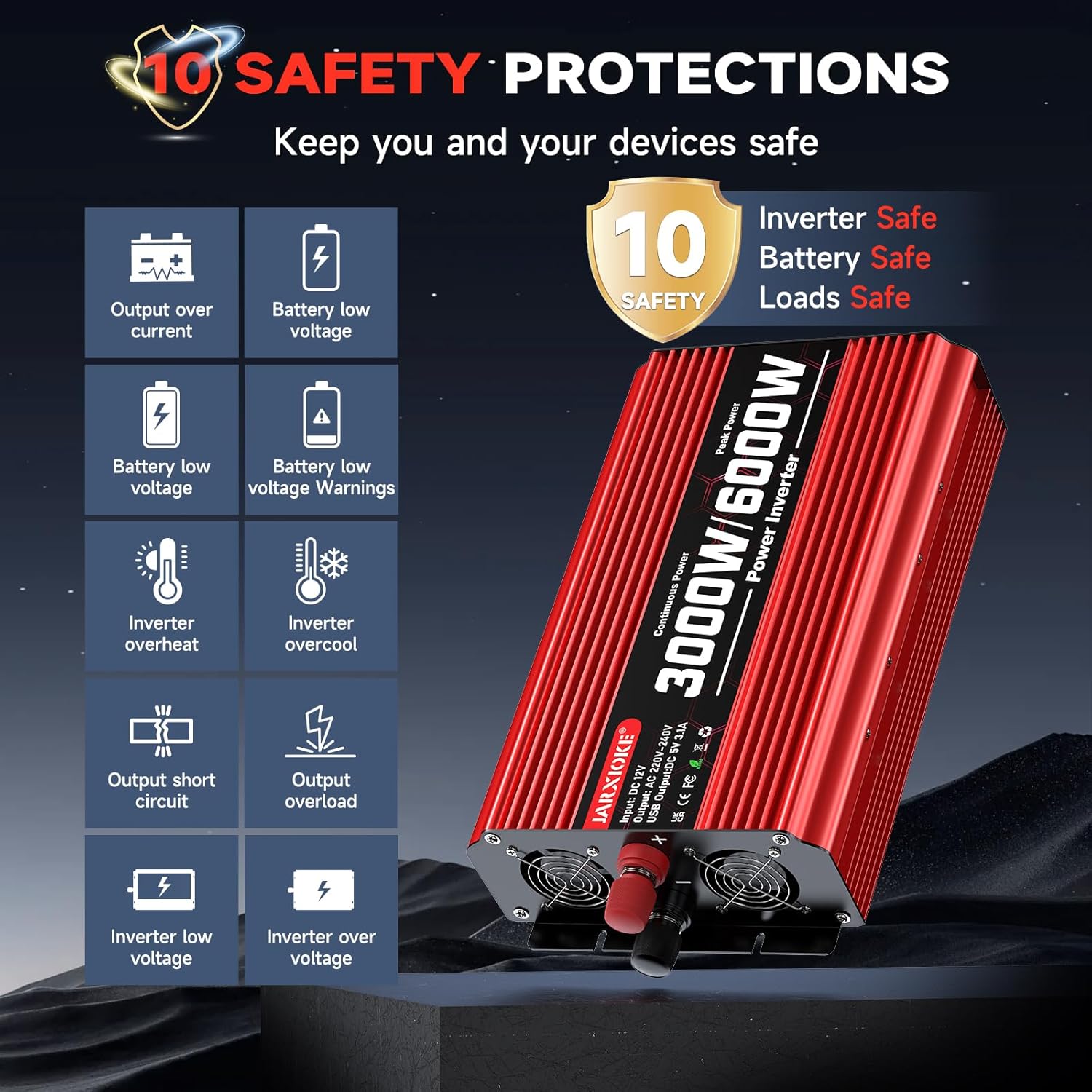 Detalle 2 de 3000W 12V to 240V Modified Sine Wave Car Power Inverter with LCD, 2 AC Sockets and USB