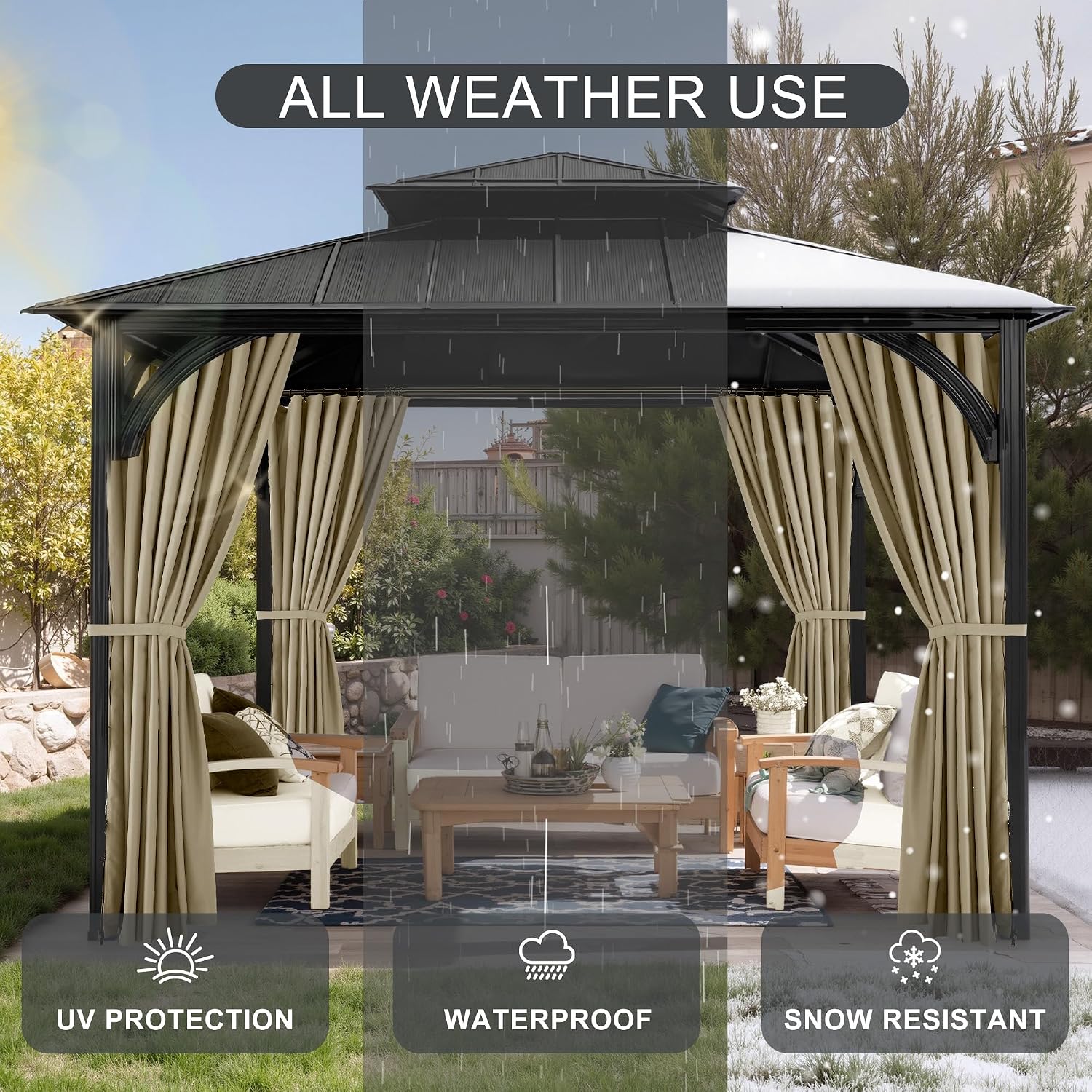 Detalle de NICETOWN 10' x 10' Gazebo Curtains, Waterproof 4-Panel Set with Zippers, Taupe