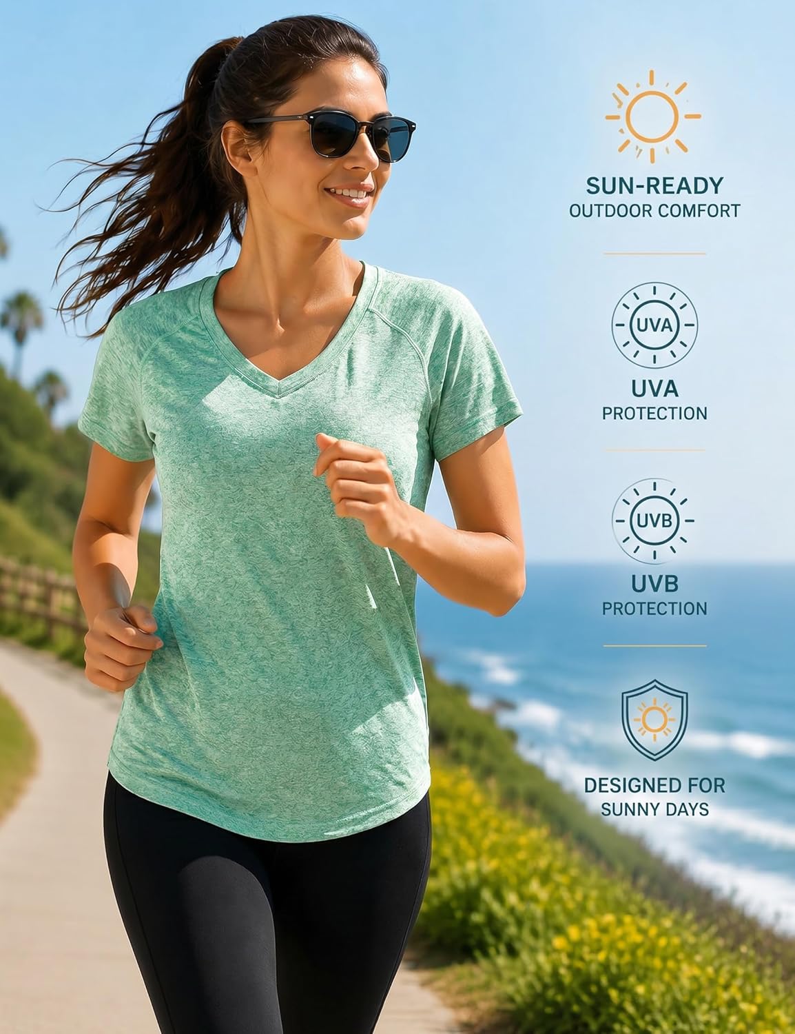 Detalle 2 de Wayleb UV Sportshirt Damen Kurzarm – Leichtes, atmungsaktives V-Ausschnitt-Shirt mit Mesh-Rücken