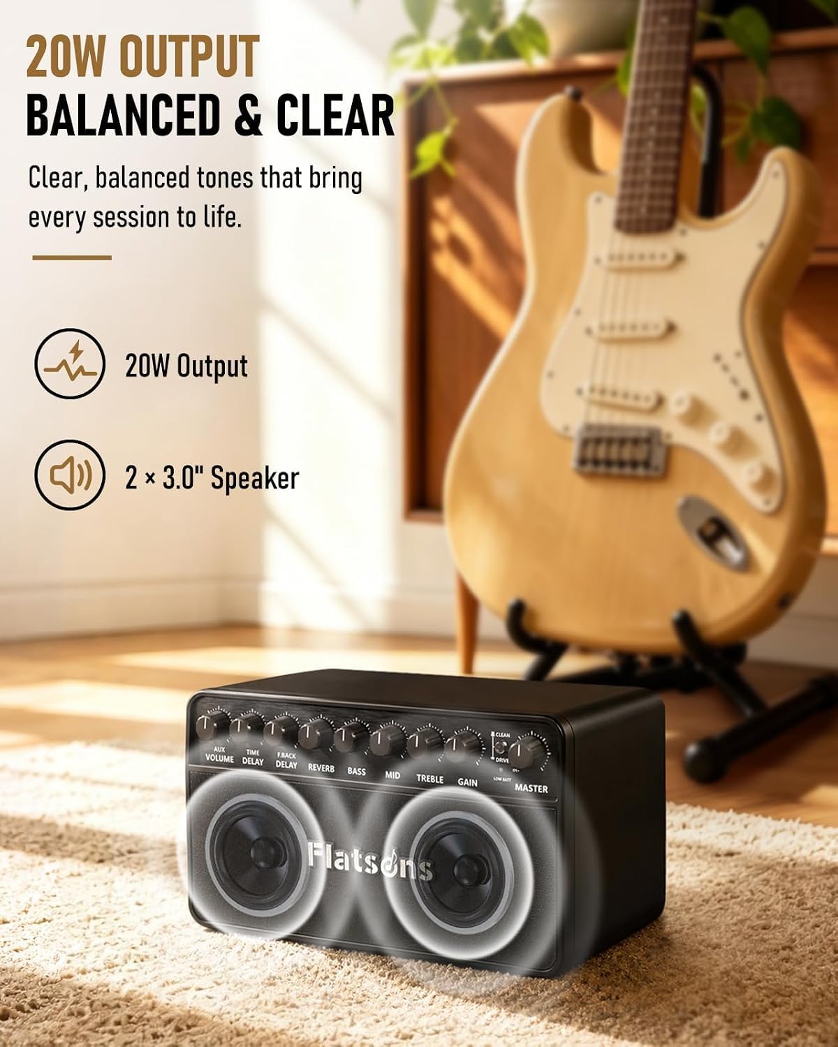 Detalle 2 de Flatsons FBA-20 20W Portable Guitar Amp with Clean/Drive, Effects & OTG