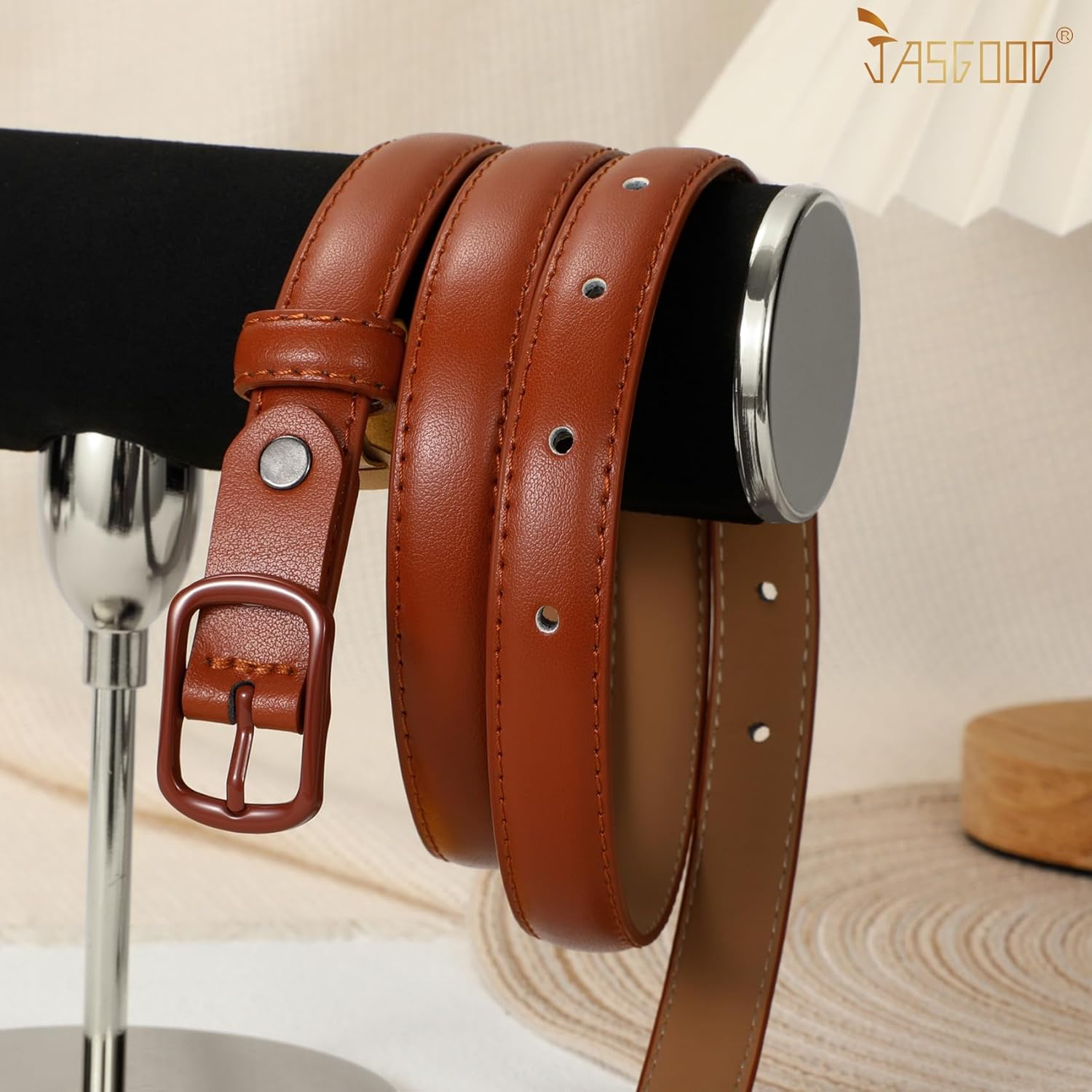 Thumbnail 3 de JASGOOD Skinny Belt for Women – Thin leather waist belt with black metal prong buckle