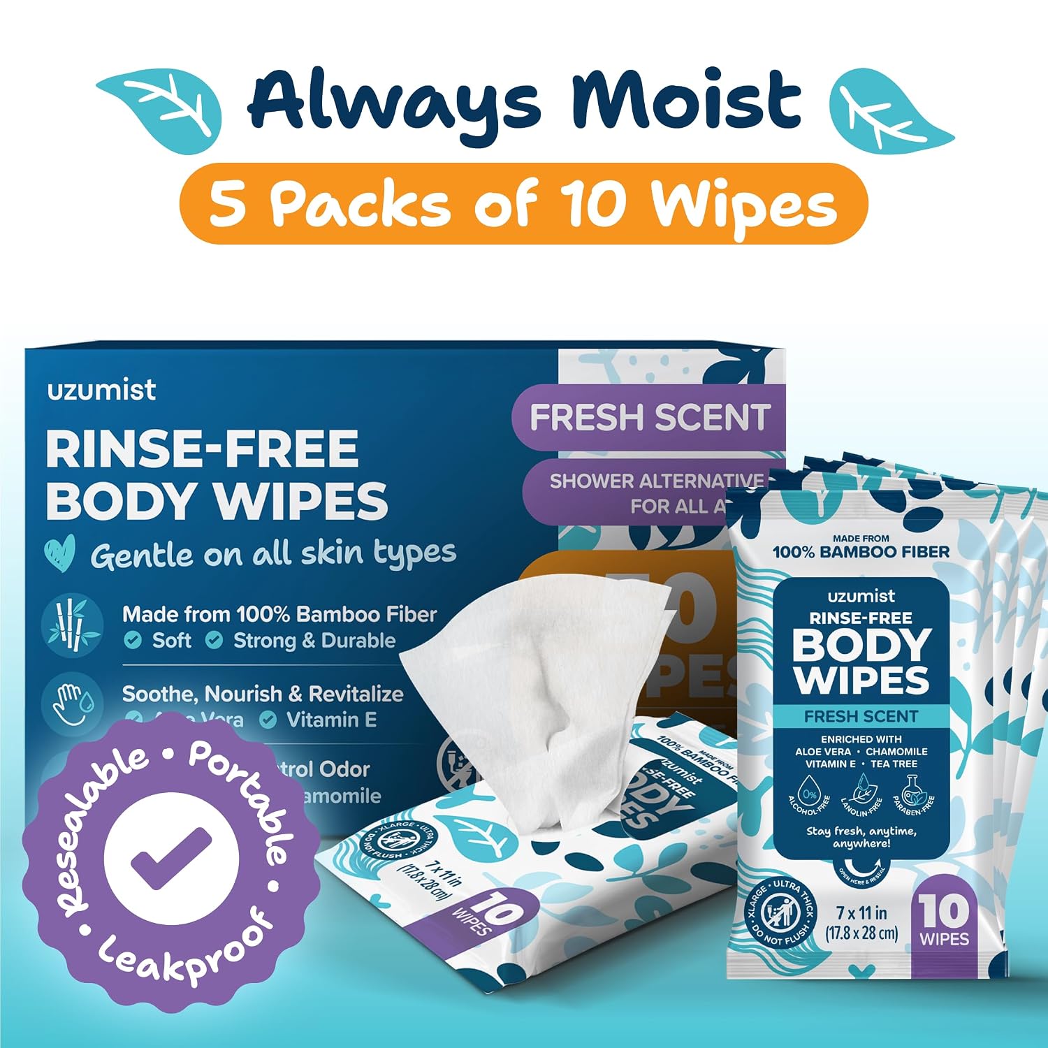 Detalle de Bath Body Wipes for Adults, 50 XL Thick Rinse-Free Bamboo Body Wipes