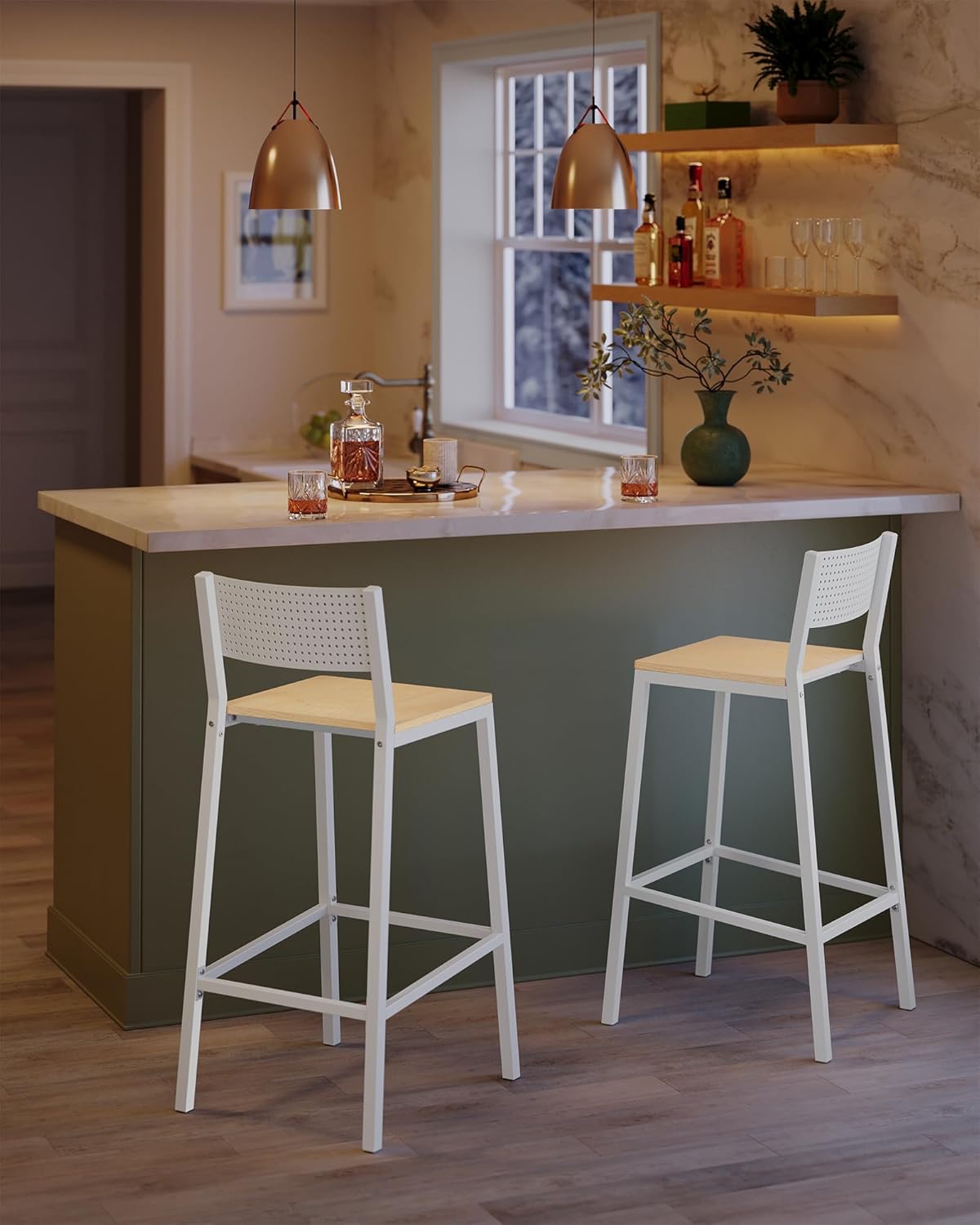 Detalle 2 de VASAGLE Sgabelli Cucina, Set da 2 – Sgabelli da Bar alti in stile industriale beige rovere bianco LBC070W09