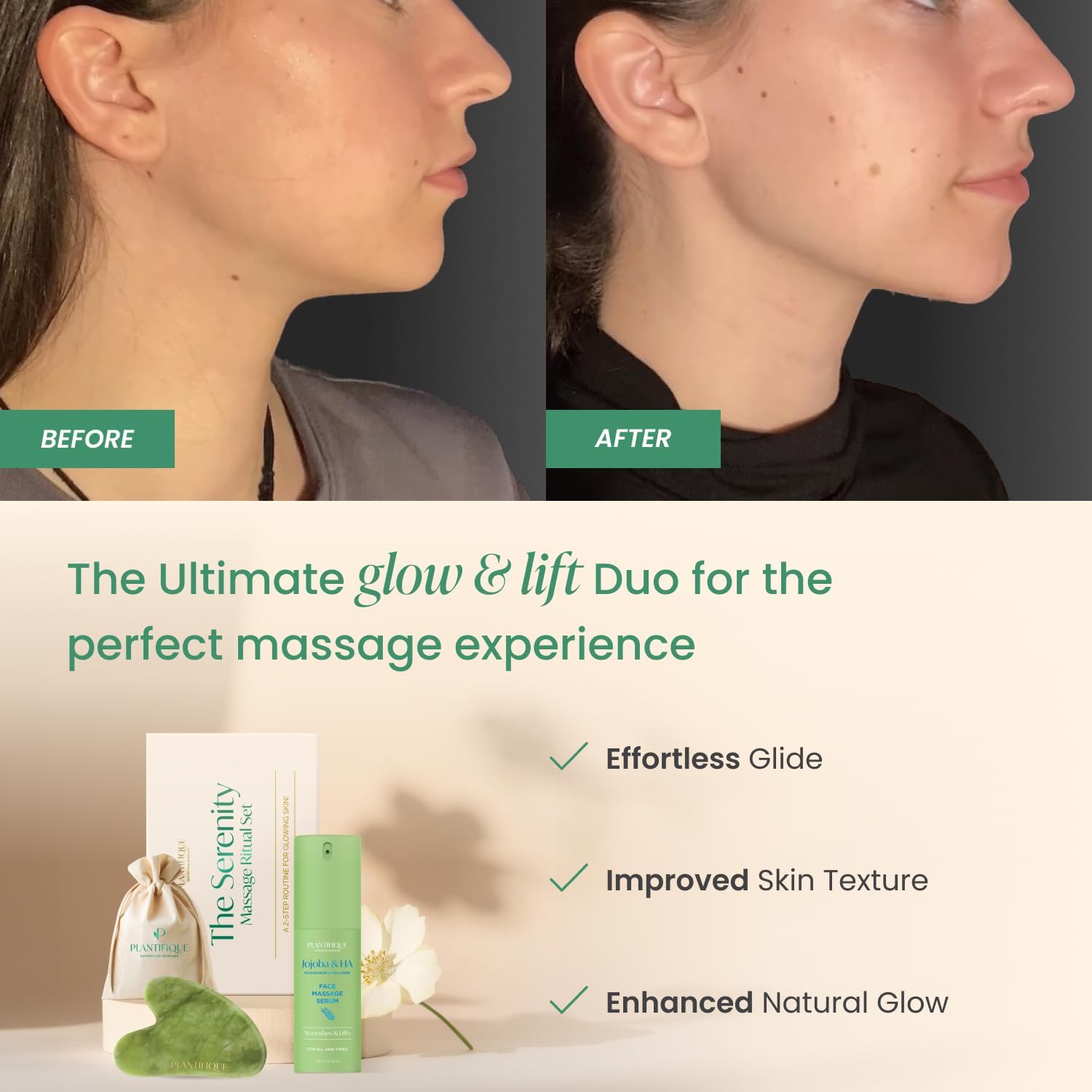 Detalle 2 de PLANTIFIQUE Jade Gua Sha & Korean Face Serum Set (30ml) – Hydrating Glow