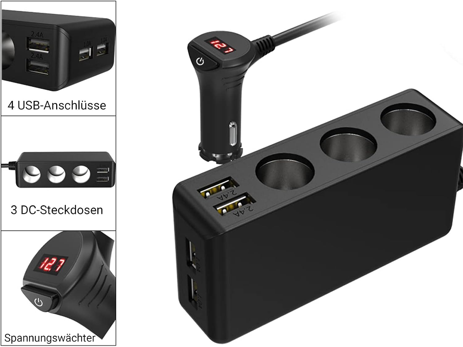 Thumbnail 1 de Qidoe Zigarettenanzünder Verteiler Auto Adapter 12V/24V (120W) mit 4× USB, LED-Voltmeter & Schalter